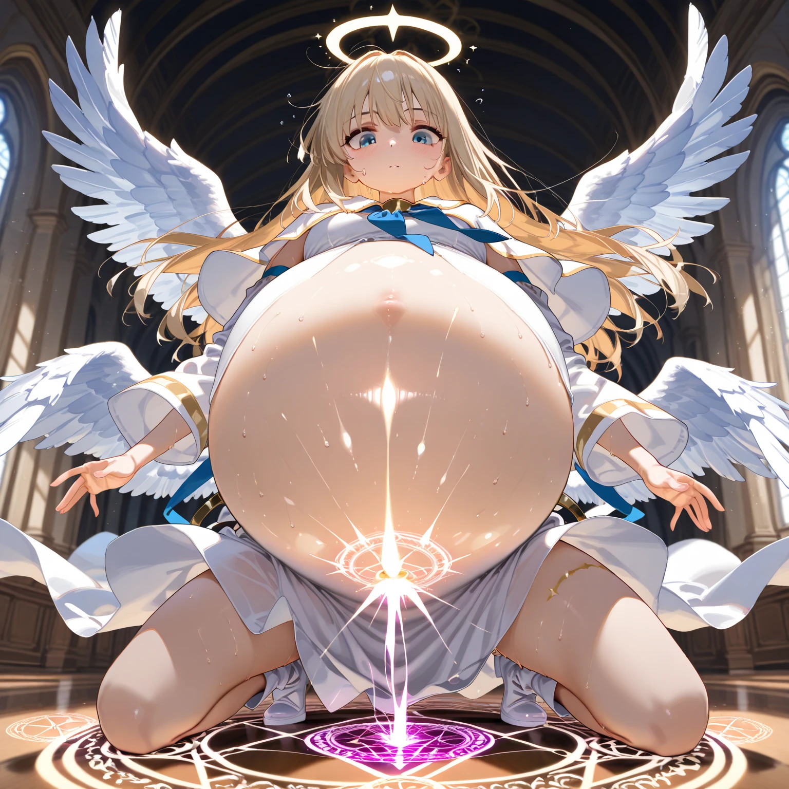 masterpiece, best quality, very aesthetic, absurdres, newest,1girl,naked_shirt, pussy_hair, ,mercy(overwatch),1girl, mechanical_halo, mechanical_wings, halo, headgear, blonde_hair, ponytail,,,in a church,cathedral