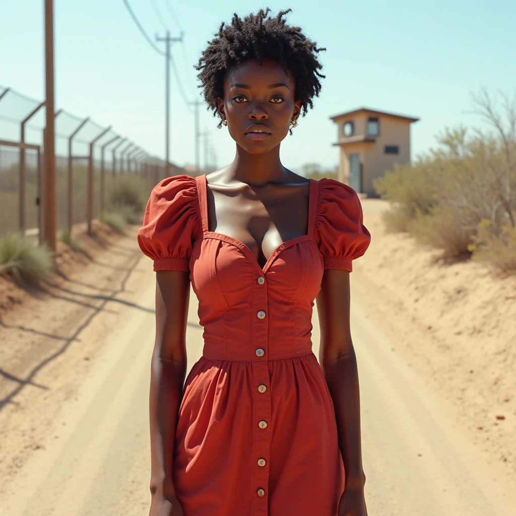 19-year-old woman, dark skin, short curly hair down to her shoulders, dressed in a red minidress, clubbing outfit, apocalyptic wasteland, daytime, good lighting, desert, rusted hulks