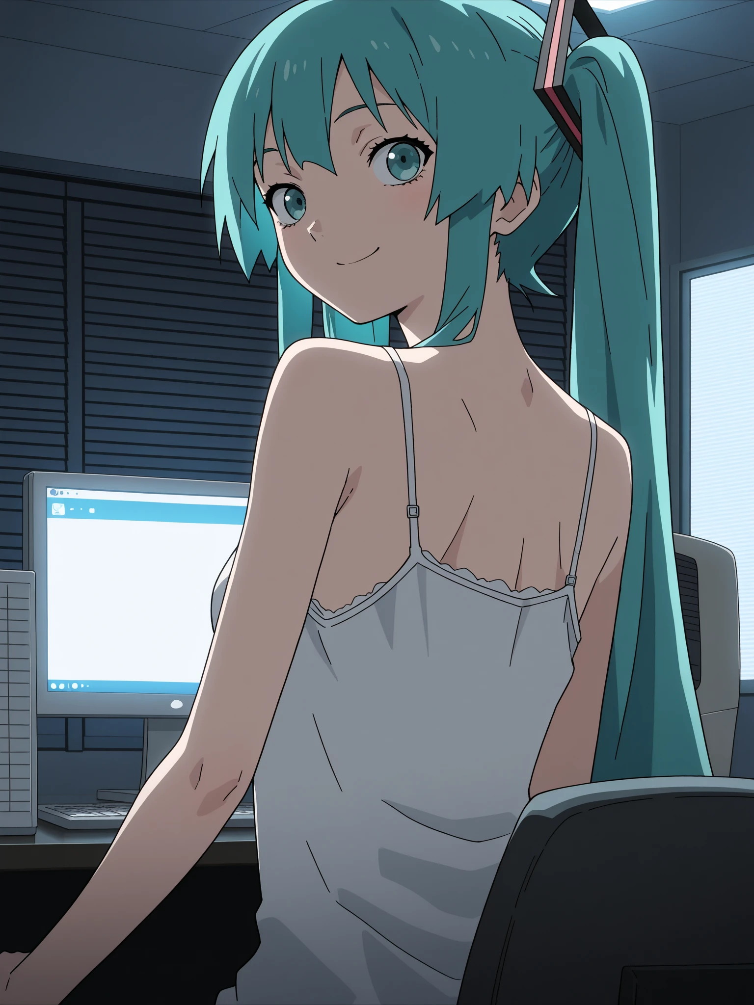 Lying in bed、Studying on a laptop、Hatsune Miku in a bikini、Large Breasts、beautiful night view outside the window