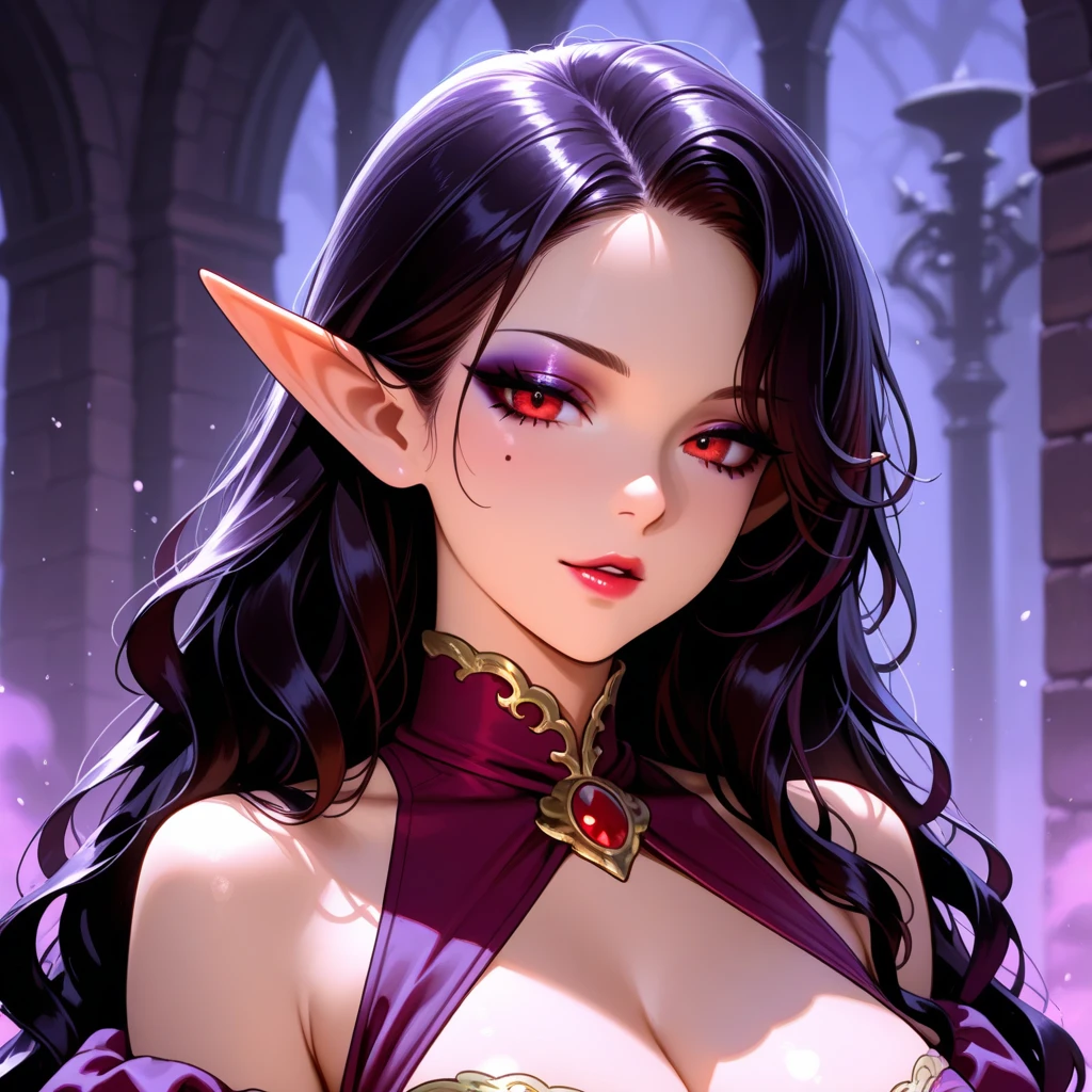a woman with a black cape and a purple dress, extremely detailed artgerm, beautiful dark elf countess, artgerm and rossdraws, artgerm. dark elf princess, artgerm. high detail, artgerm detailed, dark fantasy style art, style of artgerm, trending artgerm, style artgerm with purple horn