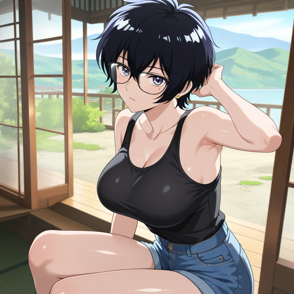 Shizuku Murasaki, 1girl, cute, black hair, short hair, glasses, expressionless, huge breast, ((black tanktop:1.5)), cleavage, (from the front, upper body, looking at away, breast hold:1.5), (masterpiece, high resolution, best quality, anime colored, anime screencap:1.5, 8k, photorealistic), denim, inverted cross chain necklace, (perfect detailed anatomy, beautiful detailed eyes&hair, beautiful detailed body&clothes), sunshine outdoors