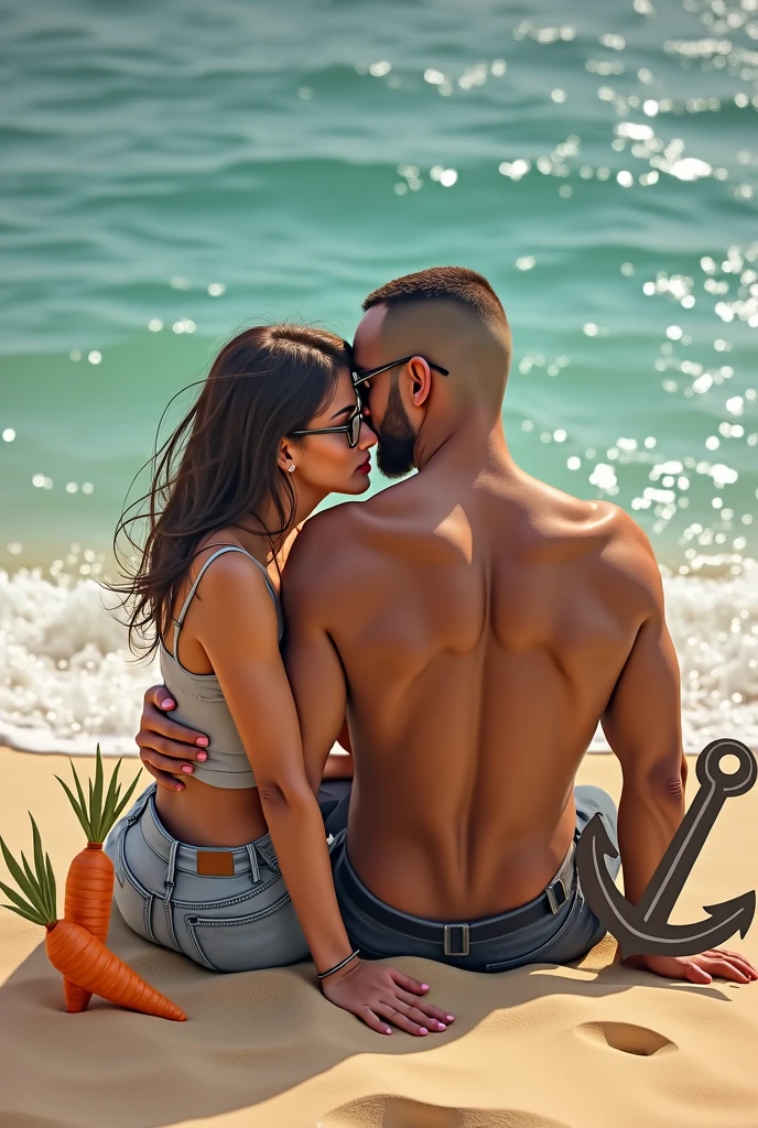 Couple vicking bisous câlins homme barbe yeux bleus cheveux noir femme cheveux longs noir yeux noisette peau matt tatouage bikini scène île paradisiaque paint 