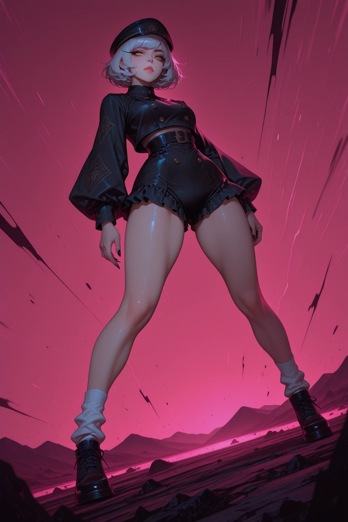 Definition of woman's body, western, american, black hair, black latex blouse, sleeveless, thin thigh, body parts, black latex short underwear, bright, dark environment, night scene, wide avenue