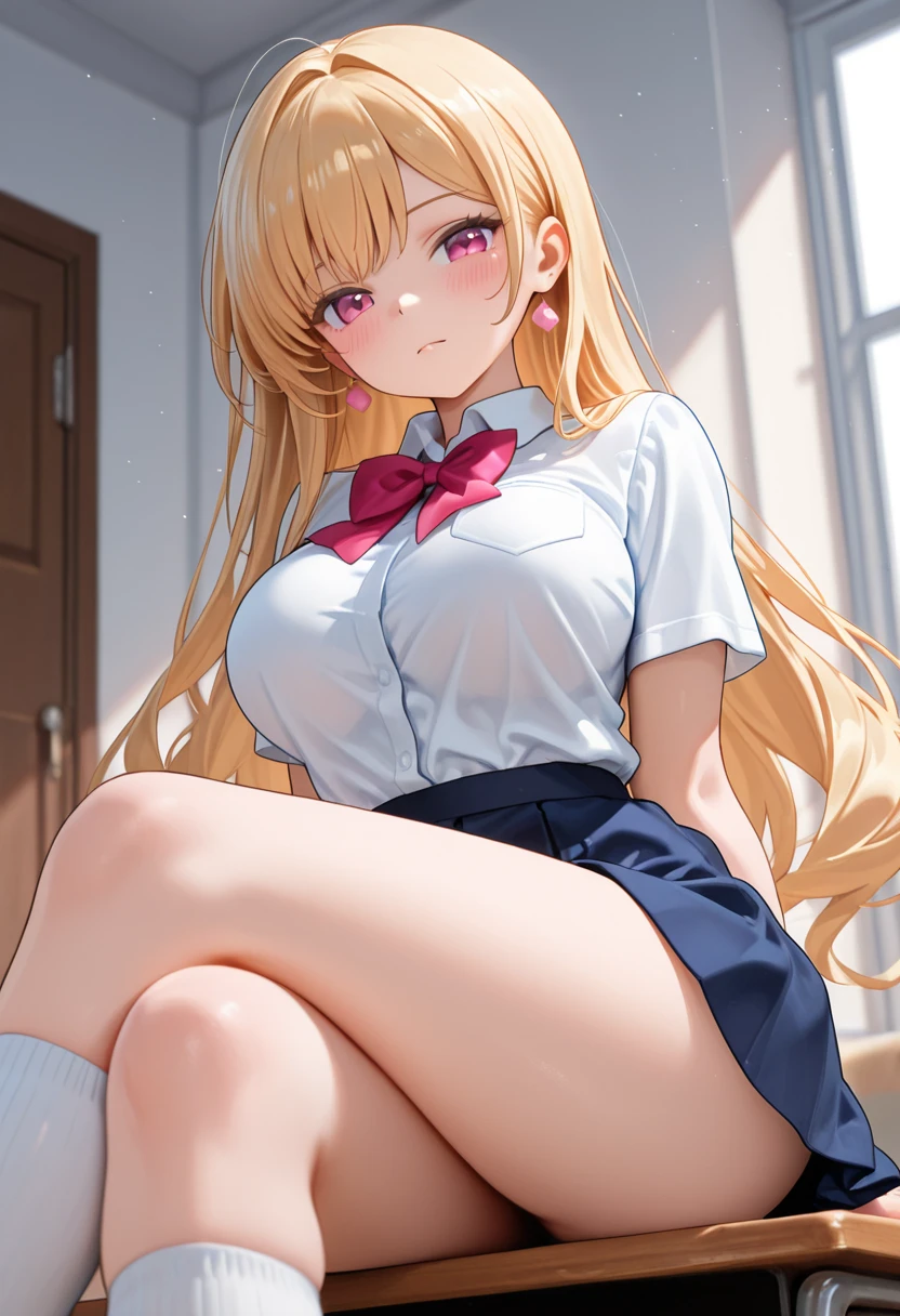 masterpiece, highest quality, High resolution, kitagawa marin sb, Bend your knees and open your legs wide,1 girl, Blonde Hair, Long Hair, Colorful Hair, Red eyes, jewelry, Earrings, Earrings, , White shirt, Tied Shirt, Black choker, Blue tie, Checked skirt, (whole body),Lacy black panties, ((Open front shirt)), (I can see your bra:1.3), Cleavage,Squatting in an M-shape,Chair,Sit with your knees bent and your legs apart