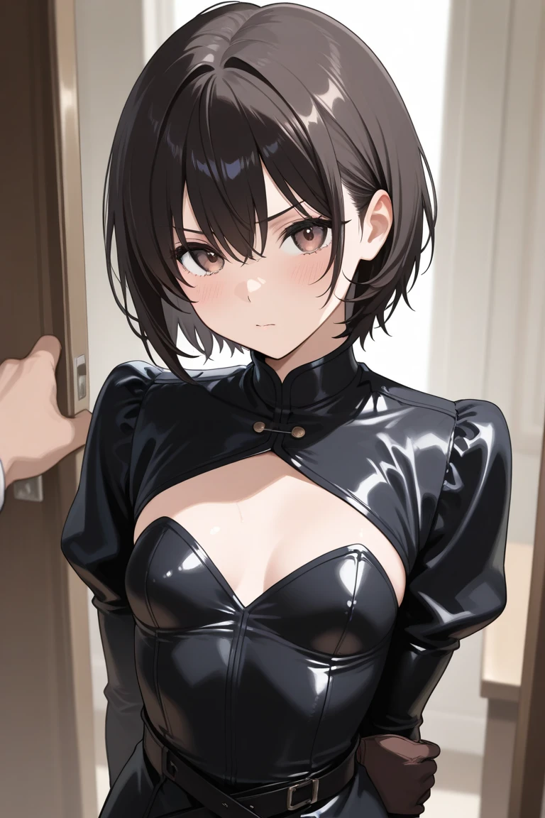 Shackles, BDSM, slave, rubber, black corset, catsuit, collar, nsfw, ((highest quality, 8k, masterpiece: 1.3)), crisp focus: 1.2, beautiful woman with perfect figure: 1.4, slender abs: 1.2, wet body: 1.5, highly detailed face and skin texture, detailed eyes, double eyelids, very short hair,