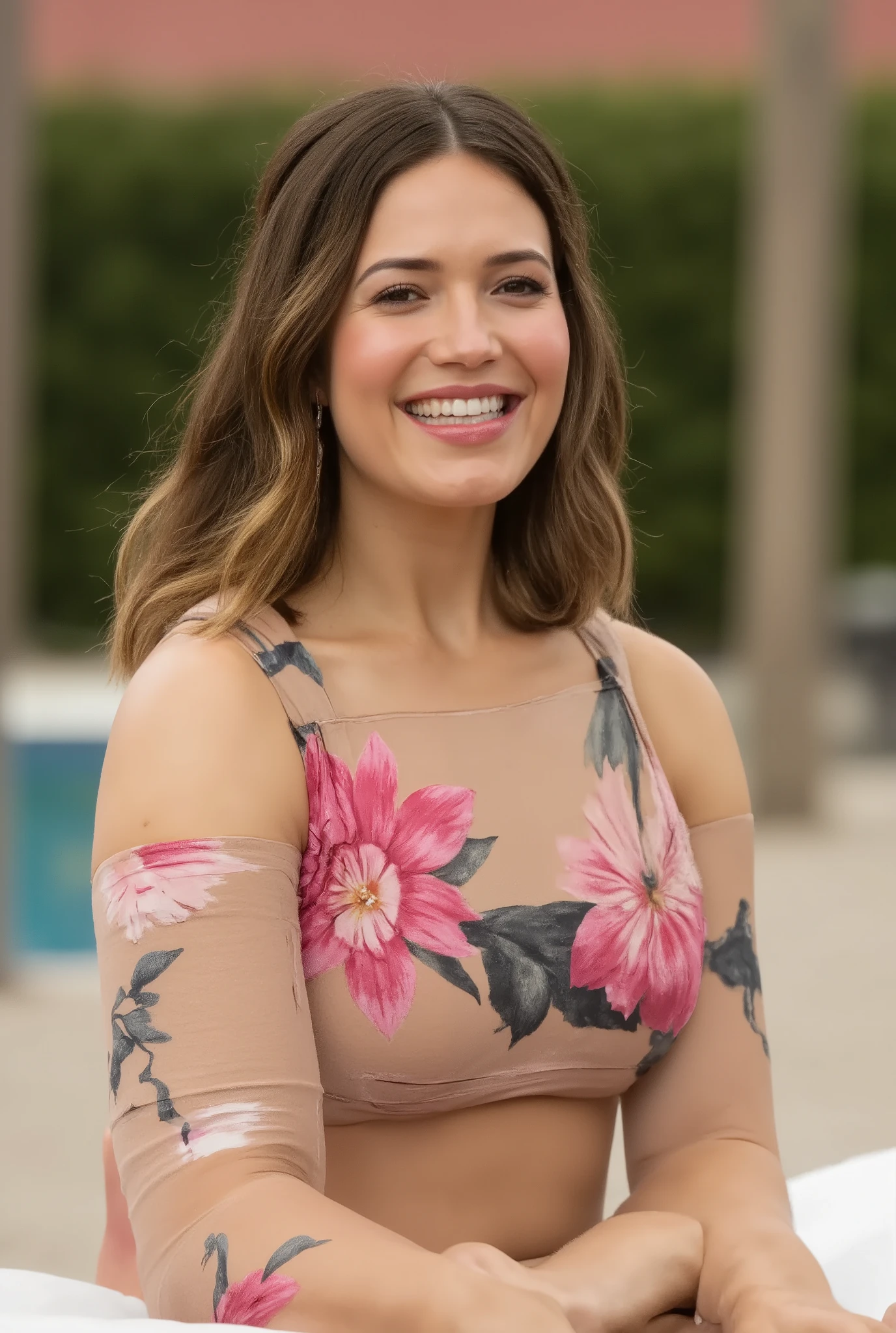 Kate, ripped muscle, muscular body, pale skin, smile(blush), knitted sundress, thin necklace, [ultra detailed skin:1.2], 8k uhd, full body, stand, sweat, cum on face, crowd, public, poolside,