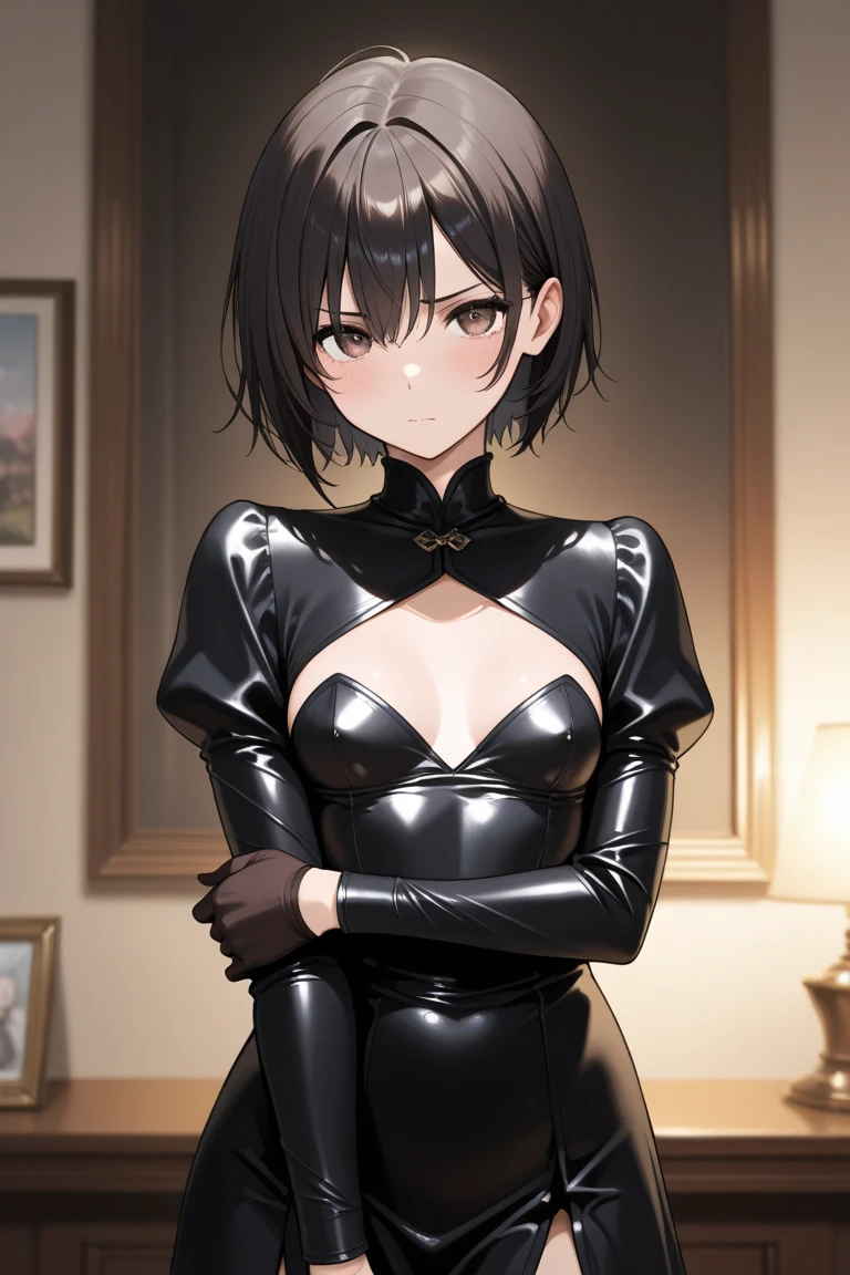 Gothics, happy, black hair, dress like Demetrius wear in resident evil without hat, 