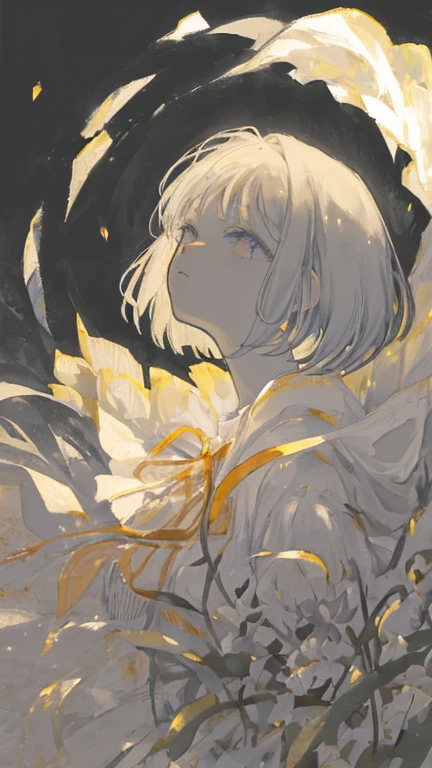 ((8k, masterpiece, high quality)) magazine poster, 1boy, young boy, young male, solo, blonde hair, light yellow hair, shoulder-length hair, blue eyes, expressive eyes, sad expression, white plain shirt, white pants, sitting in dungeon room, forearms on knees, wrist and ankle shackles, monotone room, watercolor painting, highly detailed, digital photography, artistic germ, Chia Nguyen and Greg Rutkoski's Surrealist Paintings of Golden Butterflies, shattered glass, (masterpiece side slits and beautiful eyes:1.2 ) manga style, manhwa style