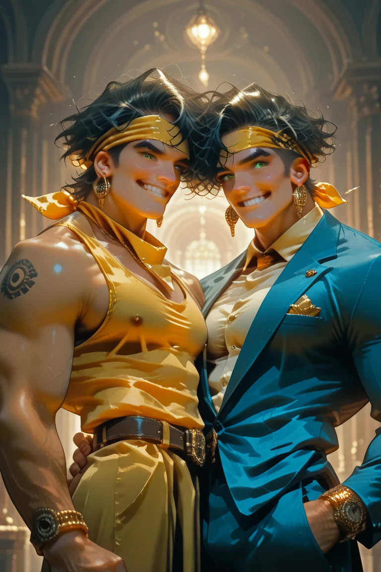 "A stylized character in the style of JoJo's Bizarre Adventure, with black skin and curly hair. He's wearing Guts's clothes from Berserk., including black armor, the torn cape and the great sword on his back. The character is in a dynamic pose, typical JoJo, with a psychedelic background and full of energy."
