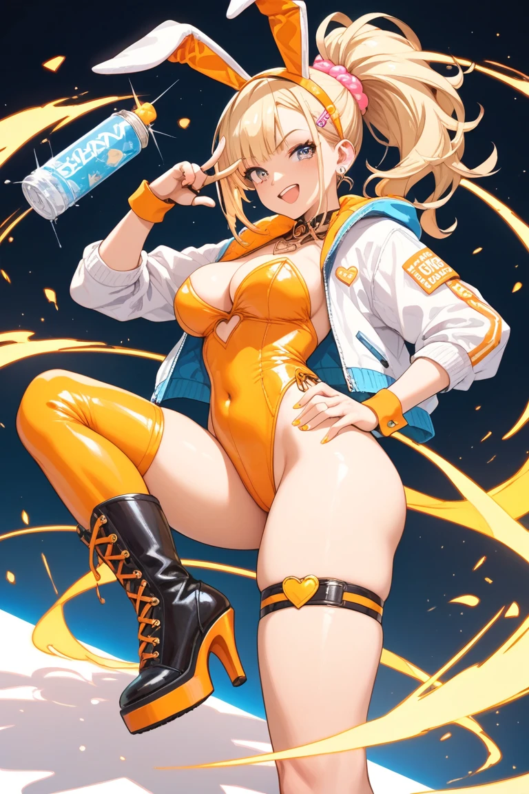pointy ears,Long beige hair,one-girl,Bigboobs,fox ear,Two legs,Black over-the-knee stockings,Bandeau,Cat motif,expressioness,hoody,hot pant,Deep V one-piece swimsuit