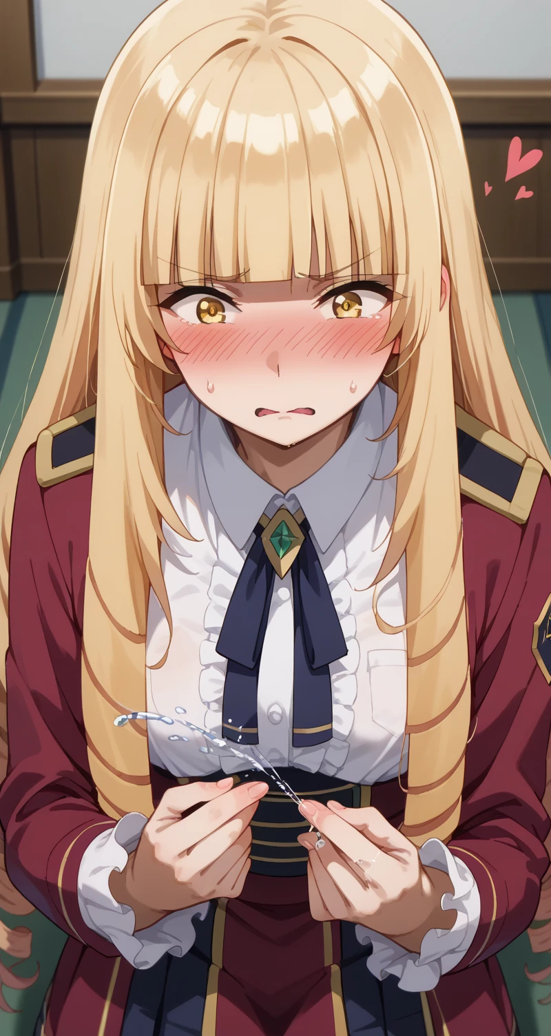 close up,holding black collar,in front of a viewer,red face,blush,big blush,wet,sweat,spining eyes,embarrased,best quality, oriana rose, long hair, blonde hair, yellow eyes, drill hair, bangs, blunt bangs,