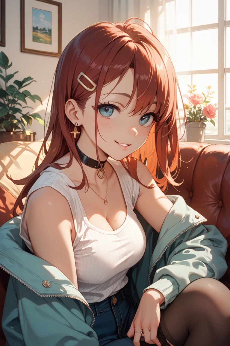 masterpiece, best quality, oversize white shirt, shoulder slip,cleavage,large breasts ,dark red hair ,short sleeves , bottomless, thighs,yellow eyes , sakurachi riko