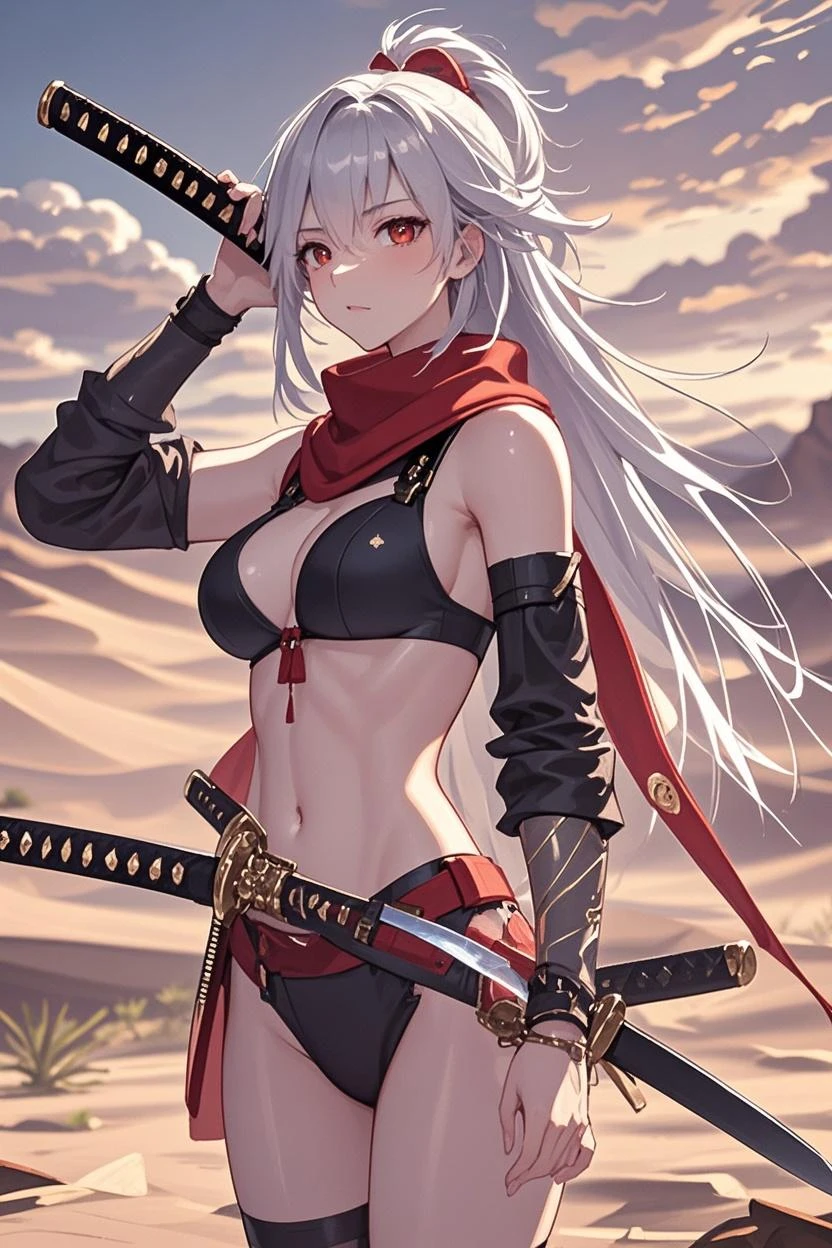 1girl, solo, field, ((masterpiece)), best quality, perfect face, (perfect anatomy), extremely detailed, kitsune, fox ears, fox tail, ringed eyes, side braid, long hair, hair ribbon, bikini armor, grabbing own breast, sword, own hands together, from back