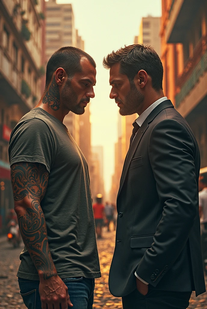 An Asian man, wearing no shirt, with tattoos, muscular and tall, back to american man, with formal clothes, brown hair and youthful appearance, They have their backs to each other