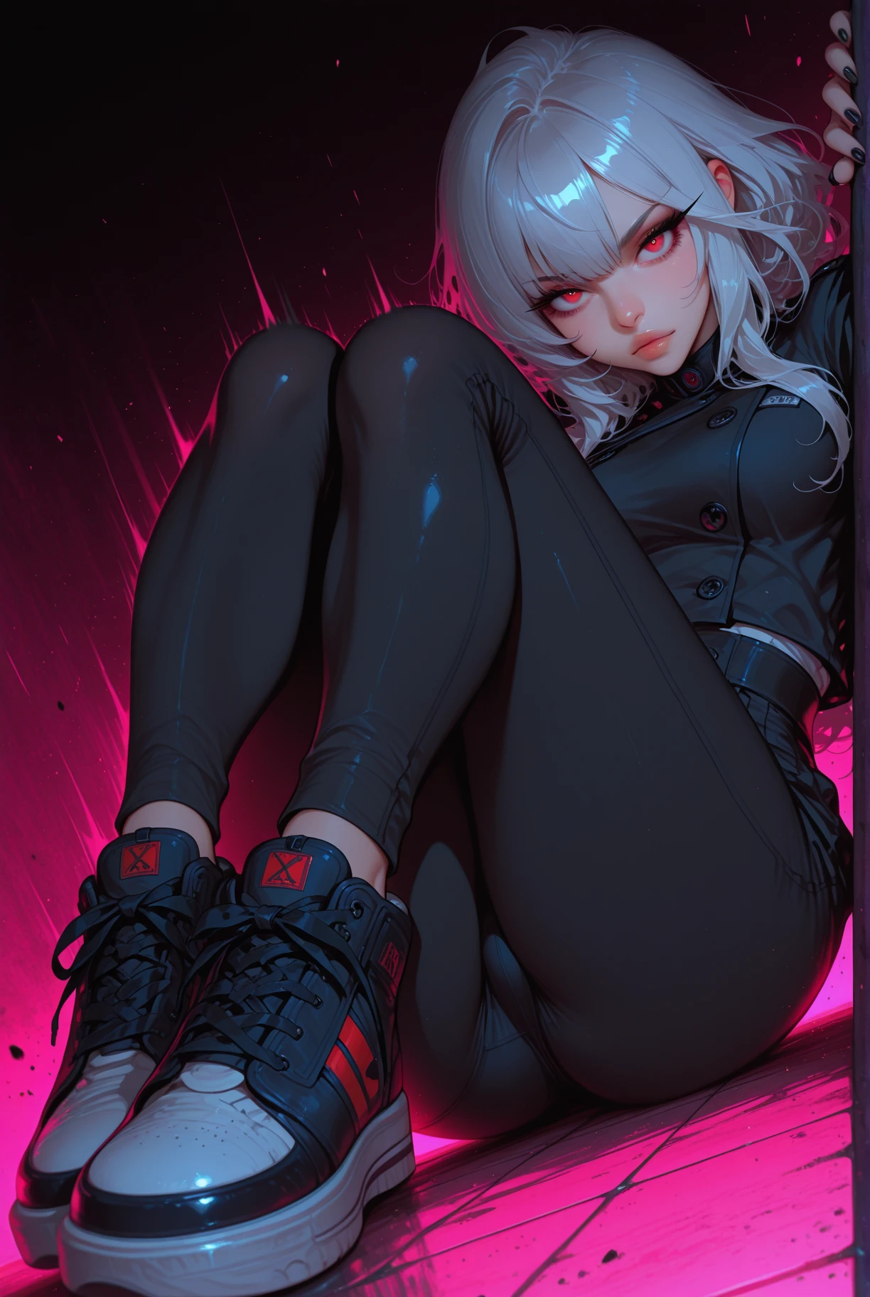 Neon Street，one female，Long white hair，Red pupils，Rabbit ear tear hood，shorter pants，spread their legs