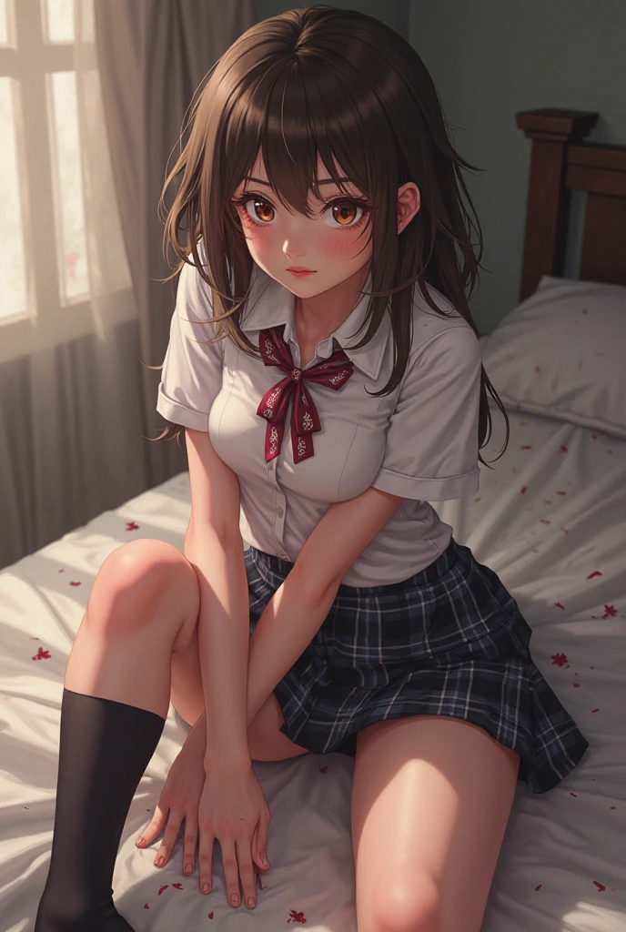 Highest quality, Super Resolution, 8K, Delicate depiction, masterpiece, chibichara, too young girl, Cute, One beautiful girl, Young face, cute, Lustrous brown hair, Small breasts, Small breasts, Bedroom, Uncontrollable sexual desire, Erotic, sexual excitement, Watery eye, Clenching teeth, Heavy breathing, Sweaty bangs, Flipping up the skirt, Not wearing panties, Showing off her beautiful pussy, Undeveloped virgin pussy, Knee Up, Spread your legs wide,So boldly, She wants you to touch her pussy, The school uniform is messy, Immoral Eros, Make a man crazy, Dynamic Angle,