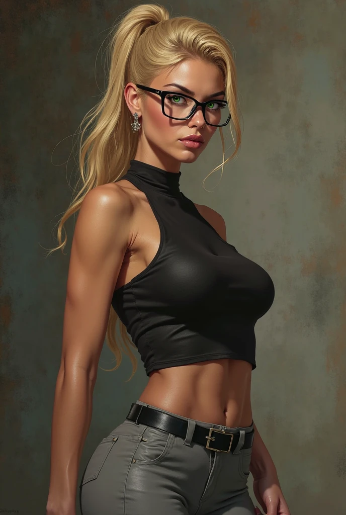 Realistic photos of young women, round face, short blonde hair, Glasses, huge breasts, big butt, sexy shirt and skirt