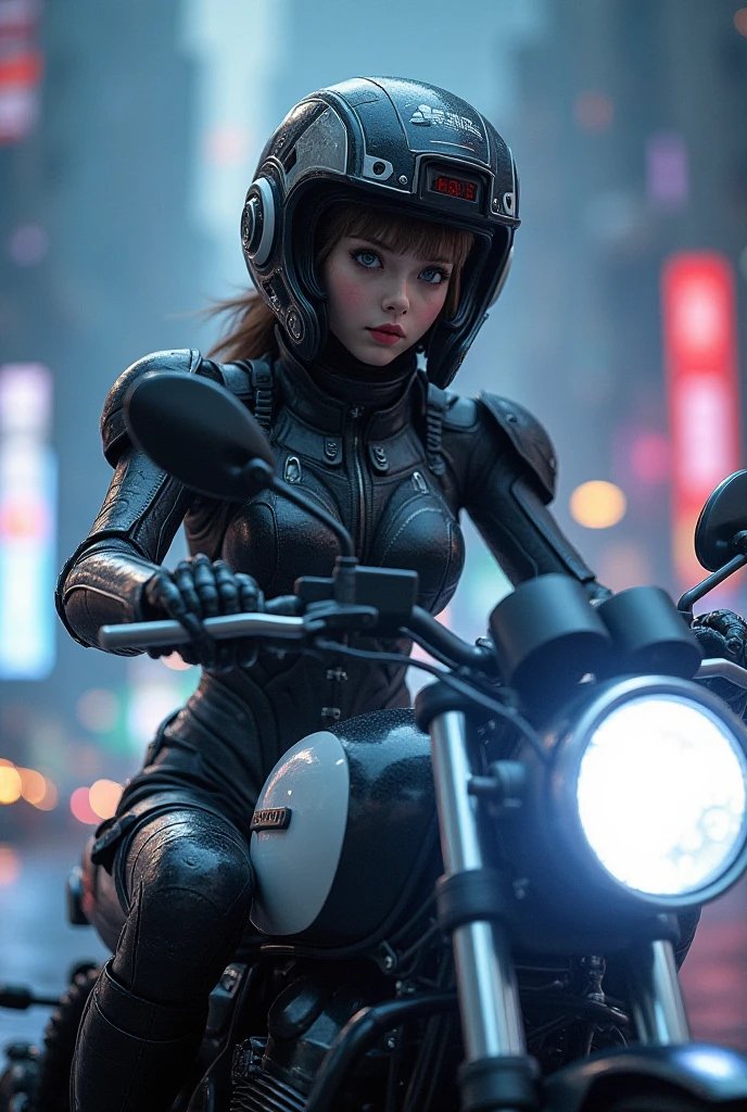 (masterpiece:1.1), hi-res, 4k, photorealistic, cyberpunk style, at night. (((((1girl, solo, alone, superbiker, close-up superbike shot))))), medium-breast:1.1 slim body, cleavage, sexy clothes, (headphone, black sunglasses), (((standing and holding pistol pose))), half-body thigh level medium shot, cinematic lighting, lens flare, ray tracing.