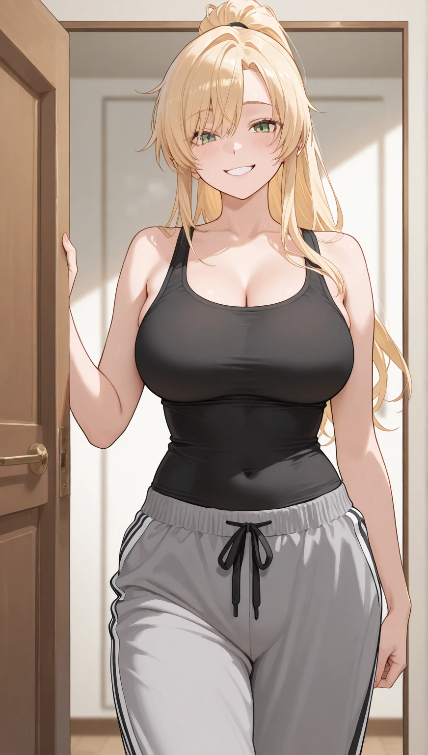 sexy woman, mature, milf, huge breasts, large breasts, curvy, voluptuous, blonde hair, blue eyes, long hair, black tank top, black thong, earrings, grinning, standing, solo focus, house, indoors