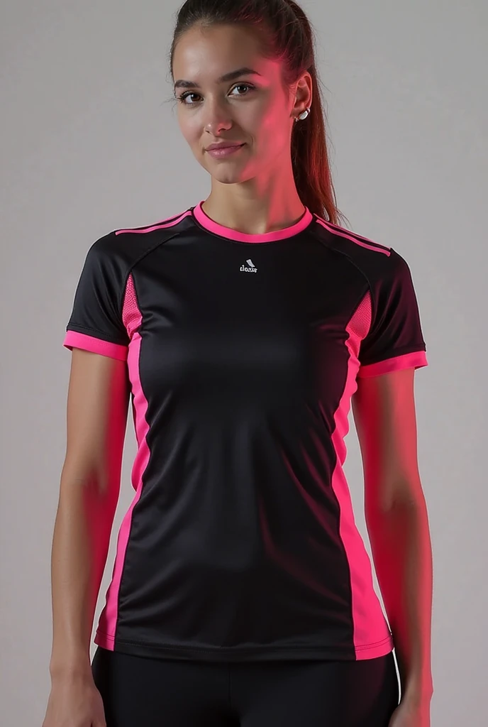 a close up of a (((white))) woman in a Blusa rosa and shorts, sport camiseta, usando blusa com decote em V, Manga curta, violet coloured camiseta, camisa magenta, Blusa rosa, camisa de malha, com dois bolsos frontais, 3/4 vista frontal, tennis wear, red camiseta, treinar com marrom, camiseta, camiseta, ultra