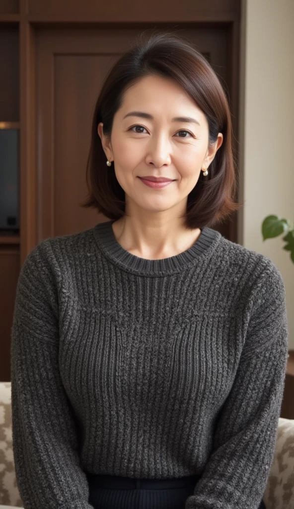 最high quality, In 8K, Masseter muscle area, Lifelike, Sharp focus, high quality, High resolution, Detailed face, Detailed eyes, Thick lips, (Look at the viewers), solo, Middle-aged women, , 60 years old, , Wavy Hair, Cleavage, Wearing a plain short-sleeved knit, Afternoon in front of the park garden, Wrinkles around the eyes, Toothy smile