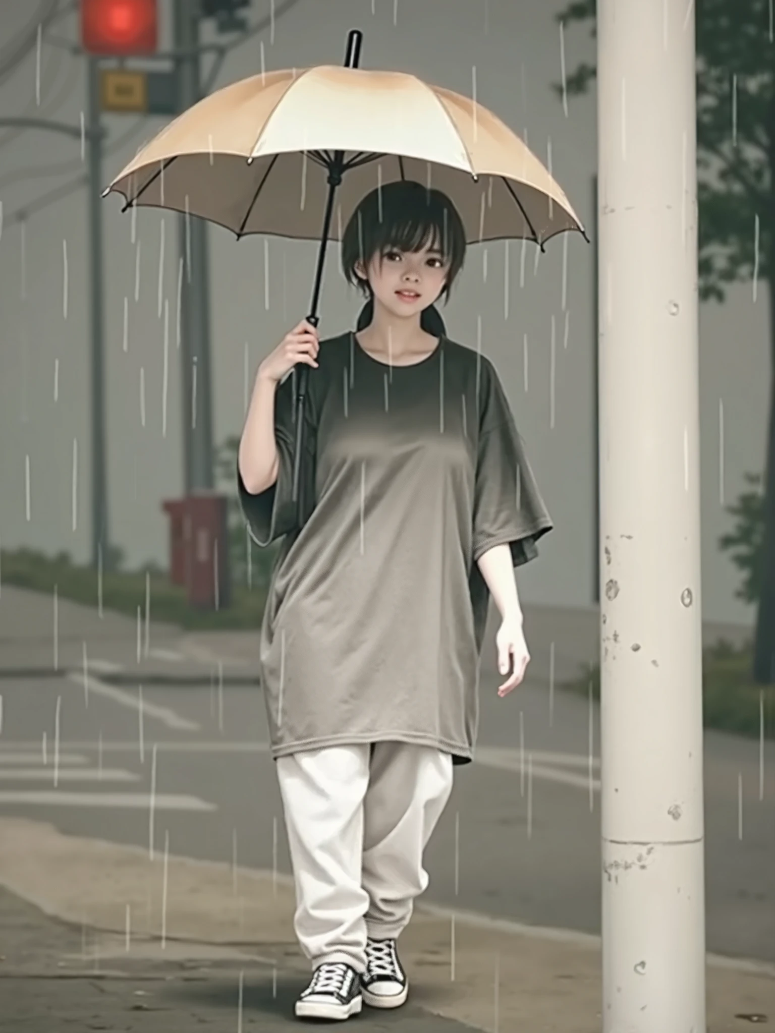 Hitchhiking woman Stand on the side of the road A large truck passing by It rains