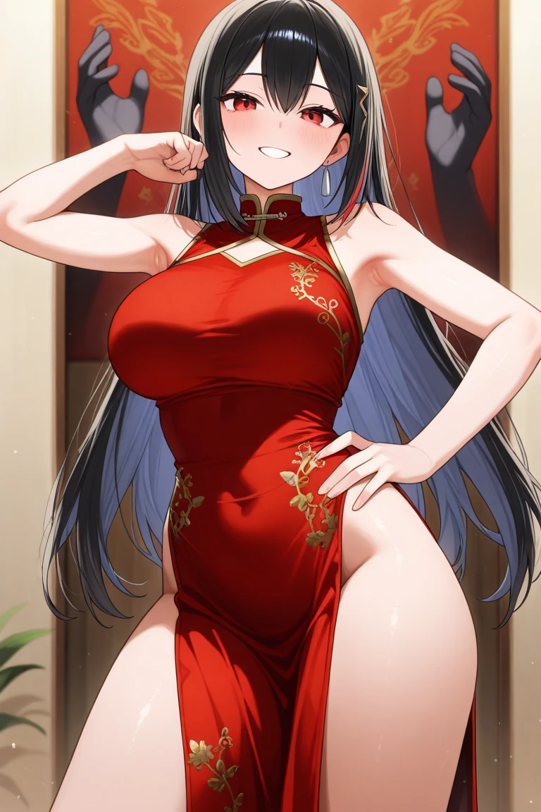 a woman in a red Chinese dress with gold details on the dress in a Chinese palace at night
