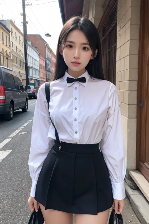 ((Best quality, masterpiece, detailed)), (RAW, 4k, hd images), shy, 1 girl, young girl, white skin, long hair, ponytail, layers hair, bangs, black hair, beautiful girl, cute girl, sweet girl, pretty girl, perfect girl, perfect eyes, pretty eyes, blue eyes, thin lips, thin, (eye line, lip stick soft) perfect , glasses(detailed frame), indoors, smile, formal clothes, short skirt, standing