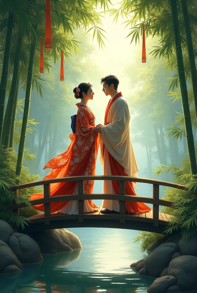 Qixi atmosphere, Chinese mythology, ink painting style, color, Cowherd and Weaver Girl meet on the magpie bridge, surrounded by magpies, auspicious clouds, warm high-definition picture quality