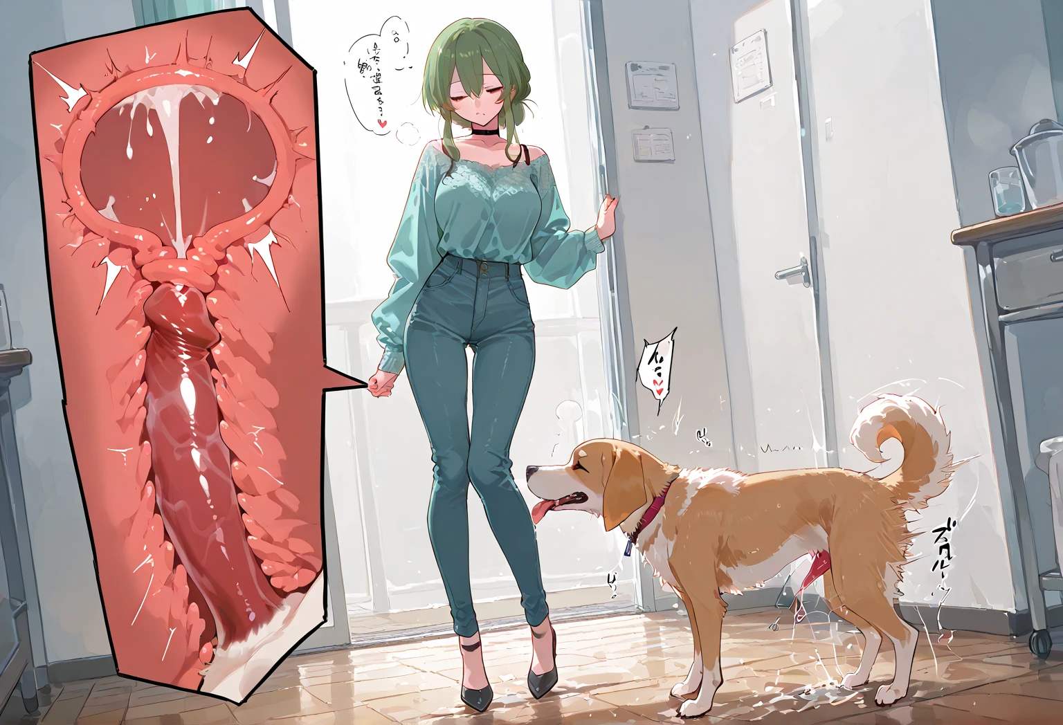 score_9, score_8_up, source_anime Bibl3, jenny (pokemon), green hair, huge breasts, police uniform, belt, pencil skirt, short skirt, white gloves, high heels, wide hips, short skirt, huge breasts, wide hips, viewed from back, large breasts, sex with large dog in kitchen, male doberman, black and brown dog, sex from behind, doggystyle, on fours, rough sex, orgasm, pussy focus, detailed dog penis, detailed pussy, penis focus, huge dog penis, dark red penis, cum in pussy, cum dripping from pussy, throbbing penis, pretty girl, orgasm, knotted, creampie.
