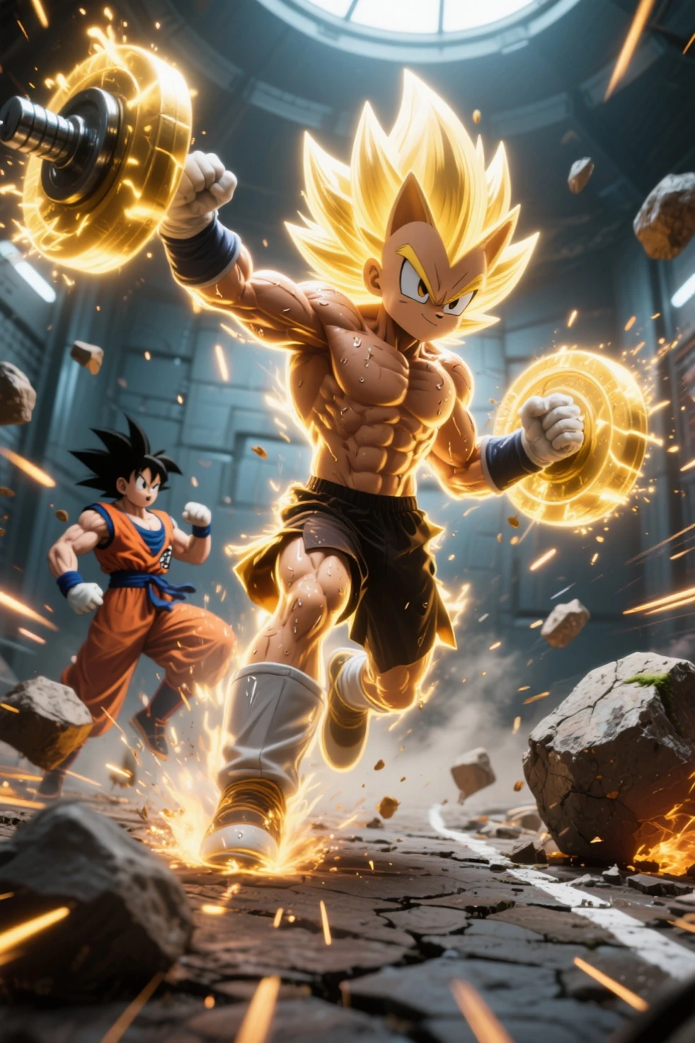 Extreme light and shadow detail,Ultra HD ultra-high detail,Complex rendering of dynamic lighting and shadows,Fine texture Vegeta Super Saiyan full body。