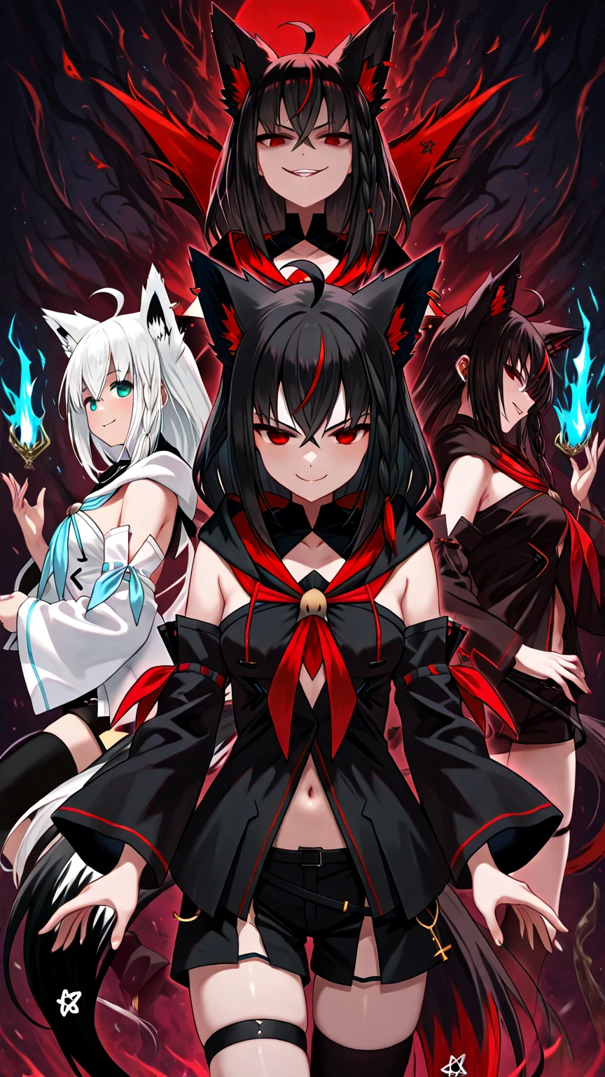 Dynamic anime night battle scene in narrow city alley. Lyra, Teenage girl with long flowing hair, He is in a defensive position, eyes wide open and looking frightened., Holding the shining pendant tightly. she、With a wolf-like appearance and glowing red eyes、Surrounded by five terrifying shadowy Abyss creatures。. Three creatures rushing from the left, Two from the right. Orion, A tall celestial being with starry skin and sparkling blue eyes, materializes behind Lyra, Extend your right arm and cast a shield of golden light.. Orion's left hand holds a shimmering spear. The moonlight penetrates the dark clouds above. Contrast between the inky black Abyss creatures and Orion's radiant aura. Action lines and magical particle effects make it even more exciting. City Details: Graffiti on the wall, Litter, A fire escape is seen surrounded by wolf-like creatures.