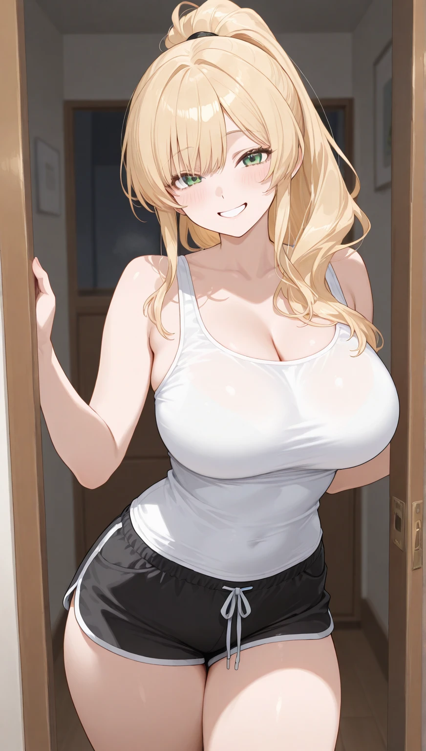 (最好of质量:1.3), Blonde with plump ponytail, tight camisole, shorts, sitting on bed, split, (Throw, close shot), smiling, (blush:1.1), of, of