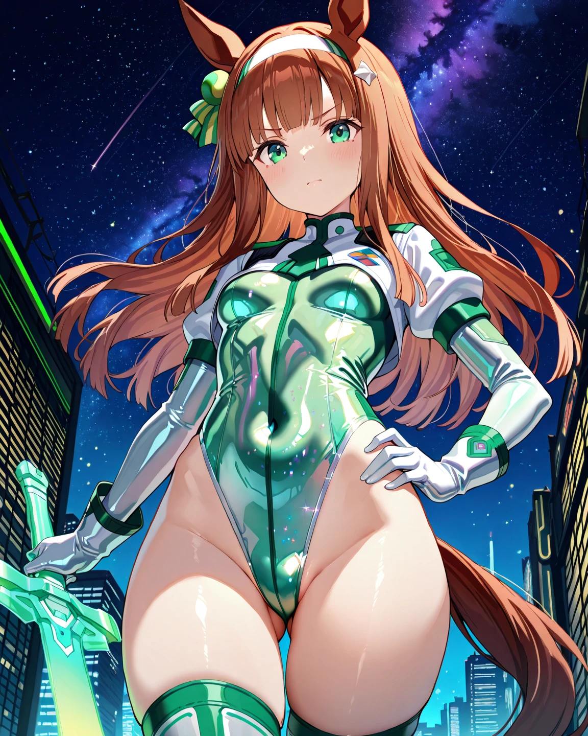 (Perfect body),Best Quality,16 K、NSFW、(((((Lori)))))、((((Short stature))))、blush、(V-shaped eyebrows)、:D、embarrassed from、((((Short hair))))、(hair messy)、waved hair、Ahoge、(Yellow eyes),((A pink-haired))、(Yellow goggles on the head)、yellow lean hair clip、((white leotard))、(White knee socks)、(Pink gloves)、Yellow jacket、((bulging nipple))、(((thick thighs)))、spreading legs、Armpits、Electronic space、