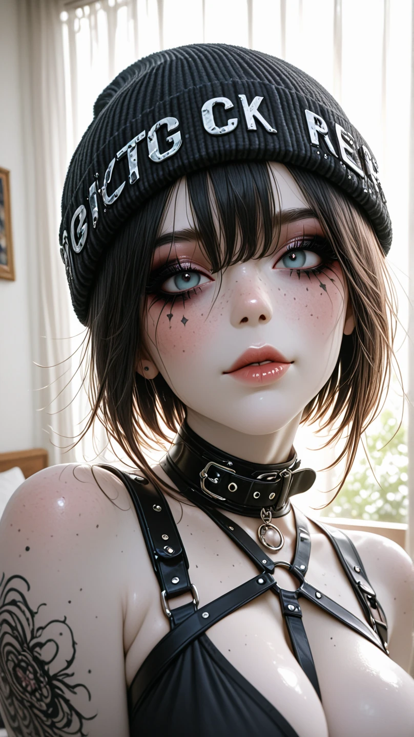 Thorough, analog style, eye focus, highest quality, (highly detailed skin), photo of a exquisitely beautiful pale skin punk Dutch girl, 21yo, (wearing harness, and beanie), perfect face, alluring eyes, [seductive makeup], skin pores, (piercing:0.5), indoor, messy bedroom, (bokeh:0.6), sharp focus, dappled lighting, (backlighting:0.7), film grain, photographed on a Sony A7R IV, 18mm F/1.7 cine lens, (highly detailed, intricately detailed), 8k, HDR, seductively posing, front view, (uppper body:0.9)