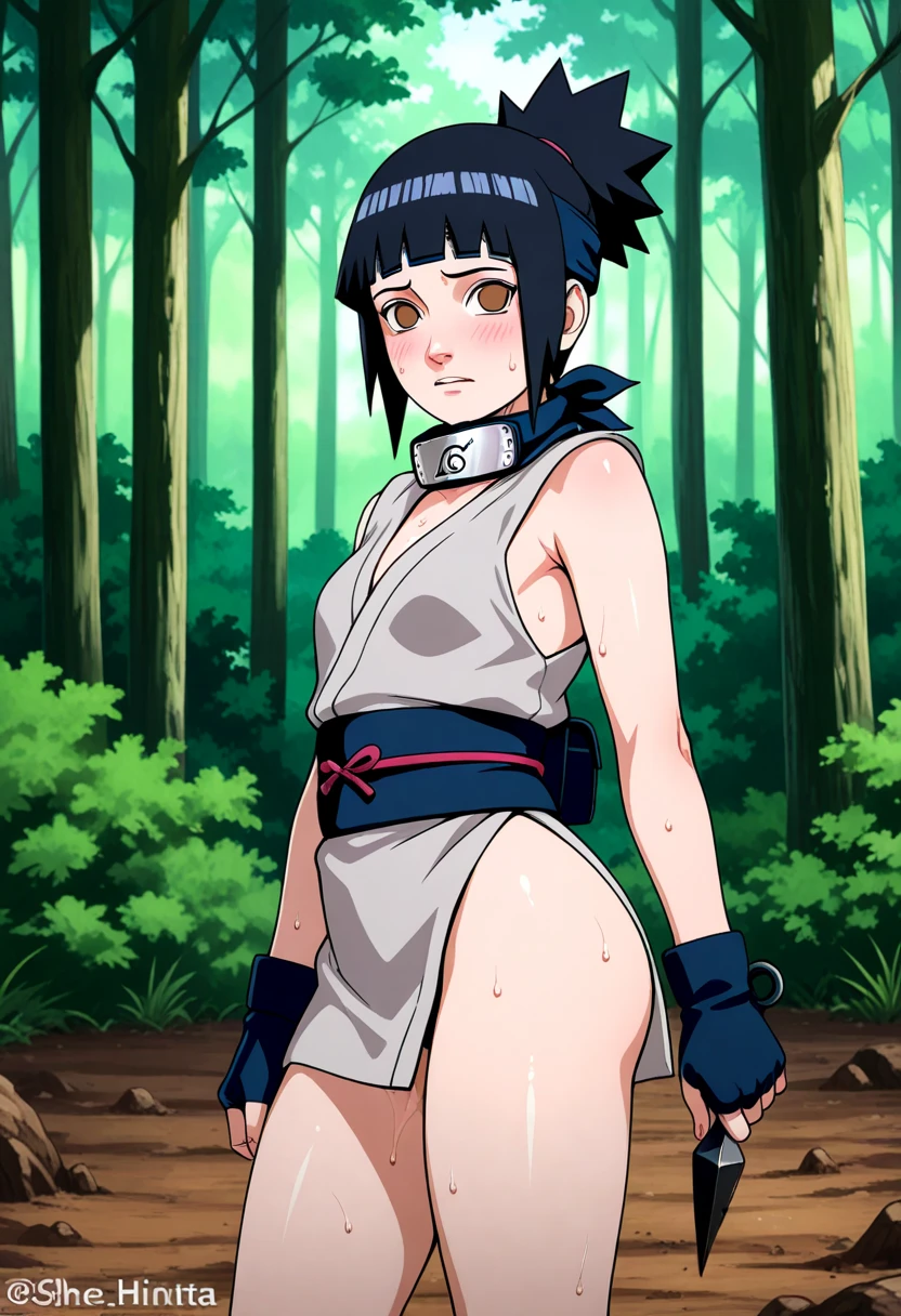 5yo Sarada Uchiha (((nude))), view from below, low angle view, (((black hair, black eyes, flat chest, skinny body))), (((looking down at viewer, embarrassed, blushing))), in a forest, at night, Moonlight, best quality, masterpiece, soft lighting, 
