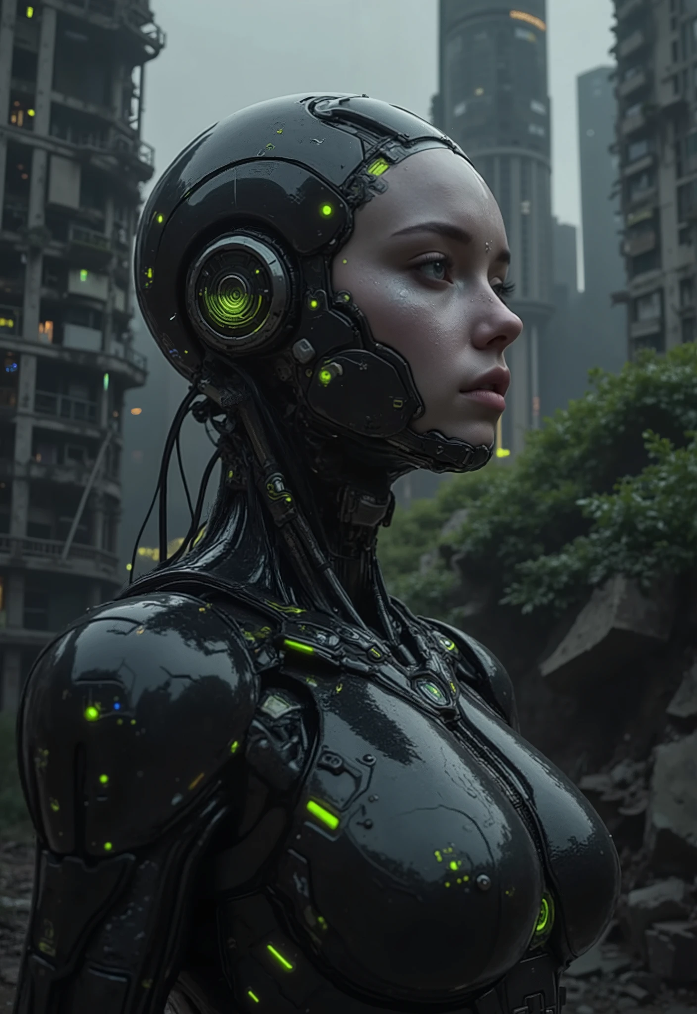 A beautiful female robot with a flawless human face and a futuristic black and silver mechanical body, glowing with green and blue energy lights. She stands amidst the ruins of a dystopian city, where crumbling skyscrapers and overgrown vegetation create a post-apocalyptic feel. Her glowing energy cores and mechanical design contrast sharply with the gritty, decayed surroundings. The cinematic lighting emphasizes her polished robotic body, reflecting subtle hues of green and blue from her glowing lights. The atmosphere is moody, with a blend of dystopian realism and futuristic aesthetics.
FuturEvoLab_Green
