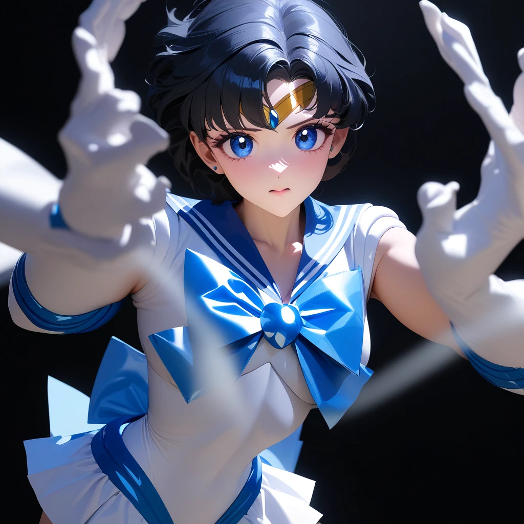 1girl, sailor mercury, bishoujo senshi sailor moon, elegant detailed eyes, detailed facial features, long eyelashes, beautiful detailed lips, elegant detailed pose, highly detailed, masterpiece, 4k, hyper realistic, photorealistic, cinematic lighting, dynamic composition, intricate details, vibrant colors, soft dreamy atmosphere, magical girl fantasy, upper body shot, aamercury, short hair, blue hair, tiara, earrings, blue eyes, blue choker, blue sailor collar, blue bowtie, white shirt, elbow gloves, white gloves, pleated skirt, blue skirt, bare legs