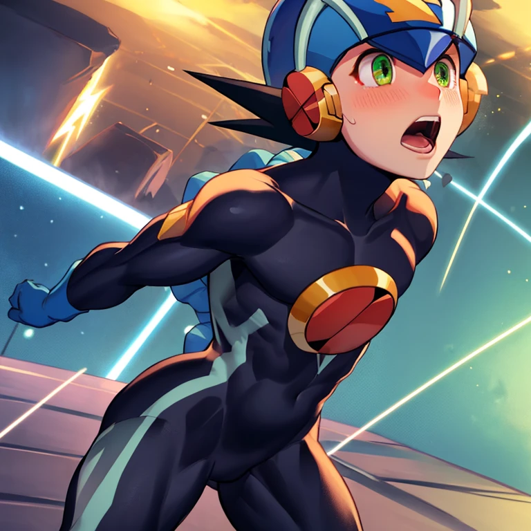 Boy with devilish wings,Wide open mouth,A face contorted in pain,Crying face,Sweaty,A body built like a bodybuilder,Huge erect penis,,Mega Man Zero,Full body images,Sex