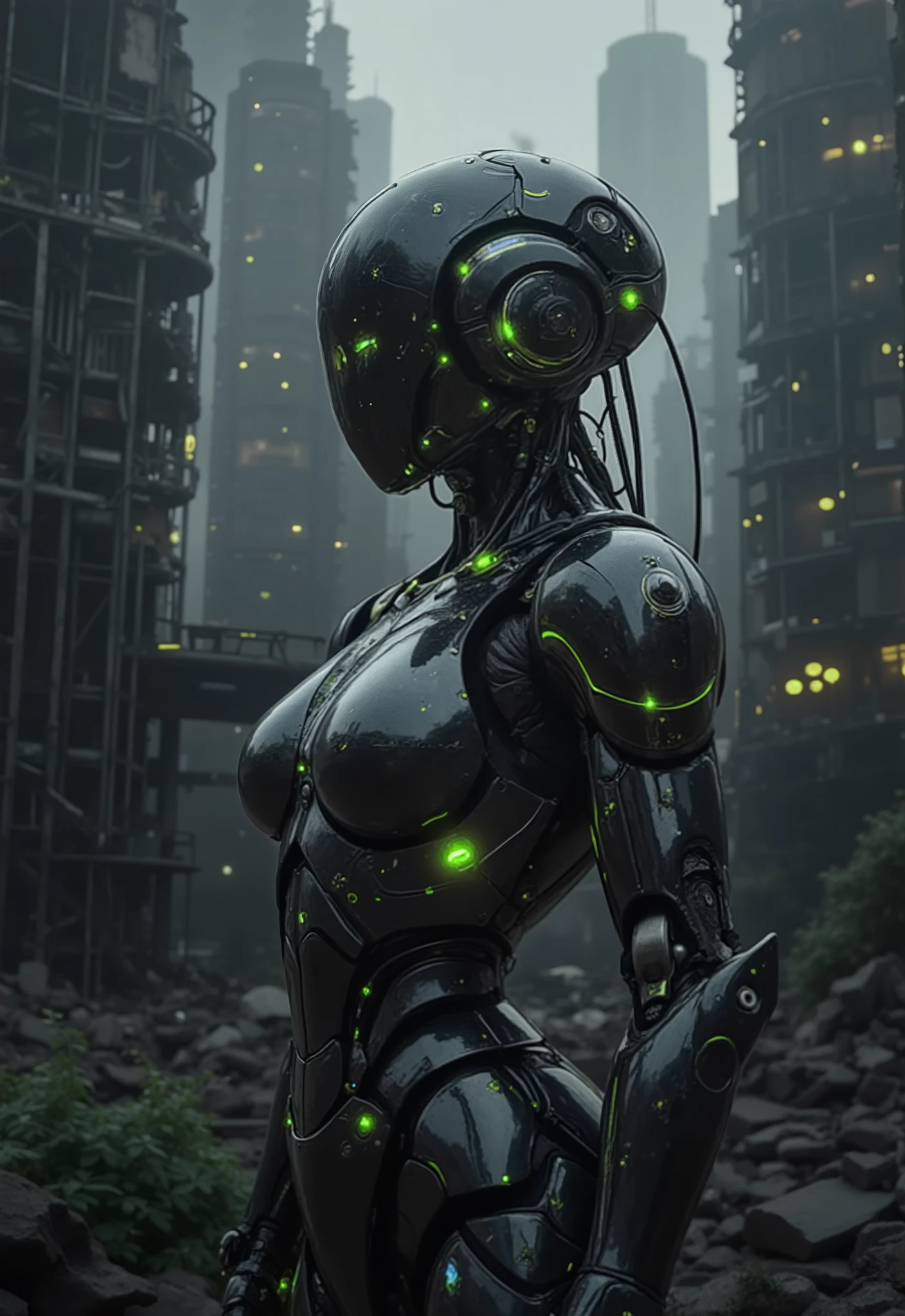 A beautiful female robot with a flawless human face and a futuristic black and silver mechanical body, glowing with green and blue energy lights. She stands amidst the ruins of a dystopian city, where crumbling skyscrapers and overgrown vegetation create a post-apocalyptic feel. Her glowing energy cores and mechanical design contrast sharply with the gritty, decayed surroundings. The cinematic lighting emphasizes her polished robotic body, reflecting subtle hues of green and blue from her glowing lights. The atmosphere is moody, with a blend of dystopian realism and futuristic aesthetics.
FuturEvoLab_Green