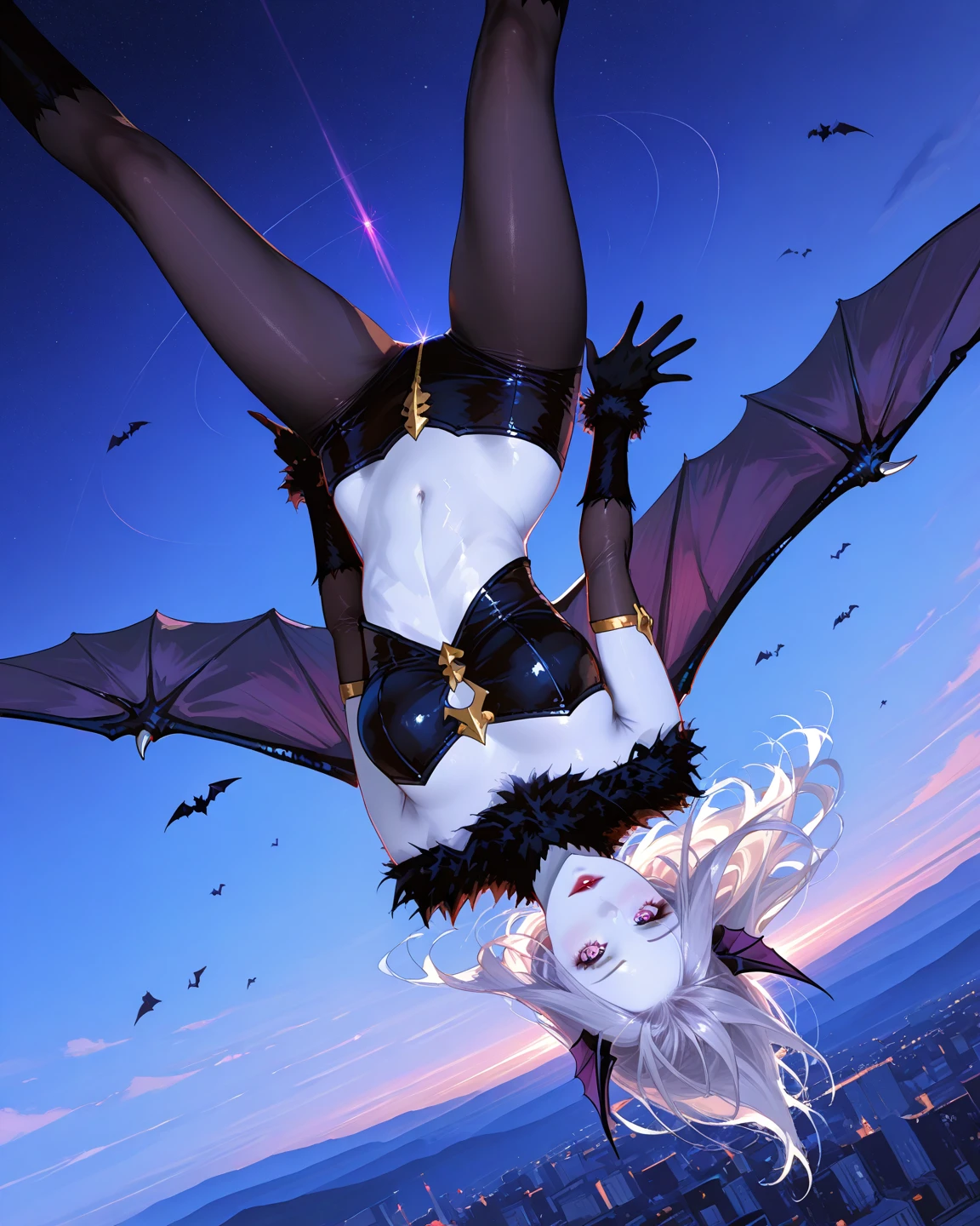 giant girl 50,000 feet high,, Have a pair of long legs,Possessing a pair of huge demon wings,Has white waist-length hair,Loose hair,Wearing a pair of long boots,white curly hair,A look of enjoyment,Standing tall in a small town crowded with people, destroying them wantonly,It seems like an invincible existence