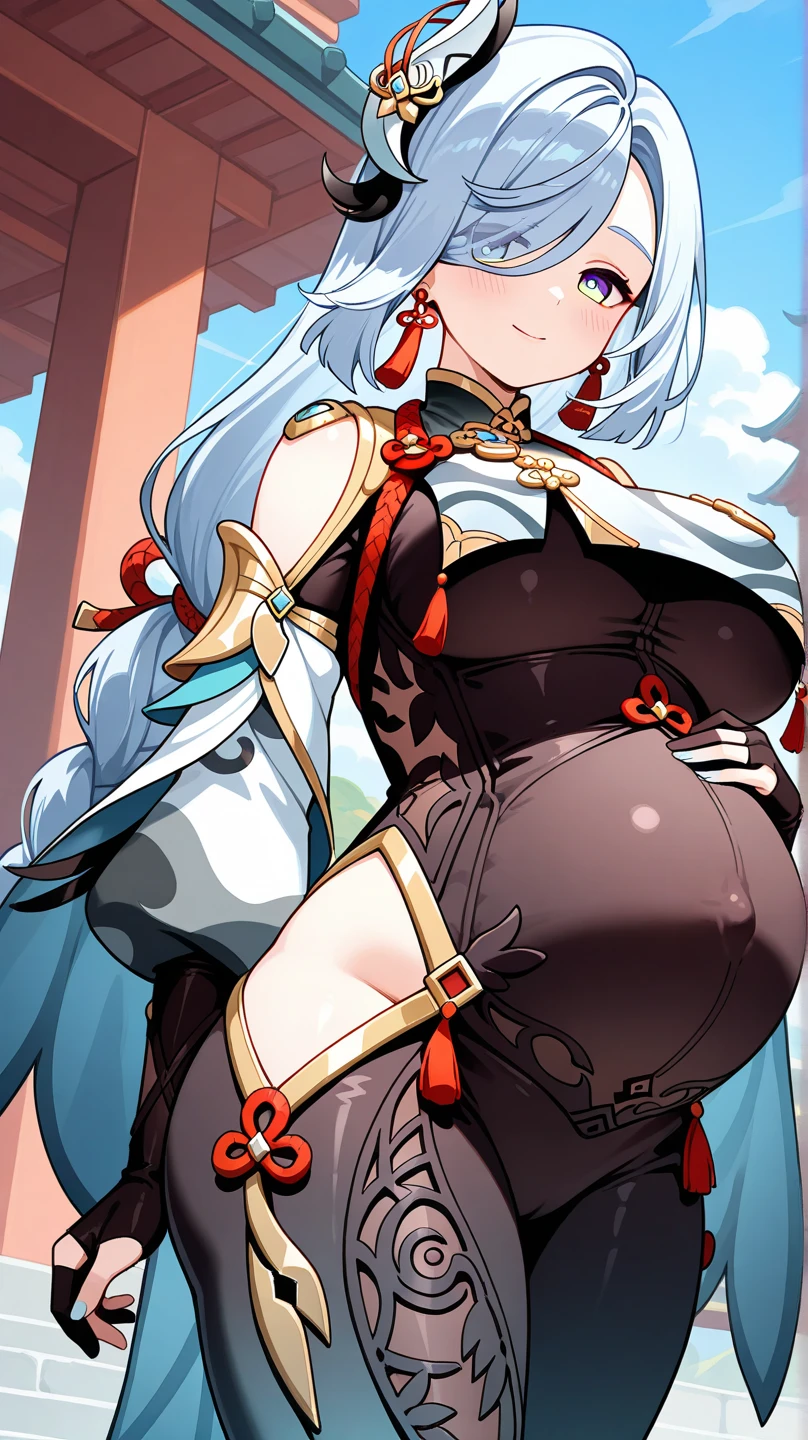(masterpiece, sidelighting, finely detailed beautiful eyes: 1.2), masterpiece*portrait, 3d face, lustrous skin,ik1, 1girl, ((mamakosomakj, hands in belly, gloves, dress, cleavage, bare shoulders, closed mouth, standing, white dress, armor, corset, detached collar, gauntlets,mature female,large breasts)),(()),smile,close up,outdoor,((castle)), vore, big belly, large belly, vore belly, (vore belly:1.6), (large belly:1.4), good belly,