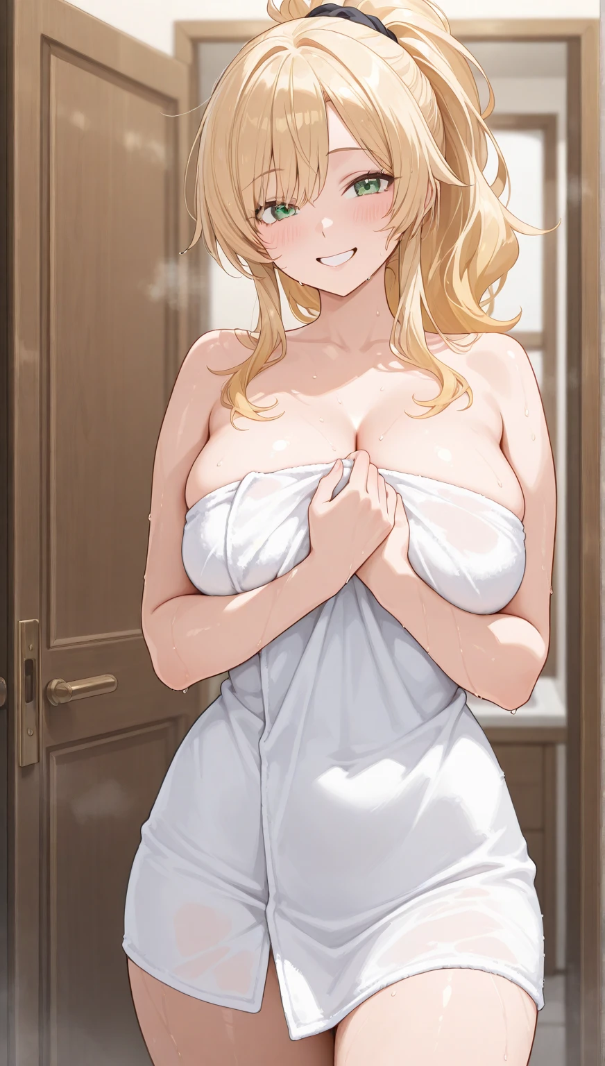 (((SFW))), (masterpiece:1.2, best Quality:1.1, 32K HDR, high resolution), (big breasts:1.1, cleavage:1.1, perfect slim body:1.2), (detailed face, detailed eyes, detailed skin texture), hayasaka ai, bangs, blue eyes, blonde hair, hair ornament, hair between eyes, sidelocks, side ponytail, scrunchie, hair scrunchie, blue scrunchie, solo, 1girl, indoors, virgin killer,