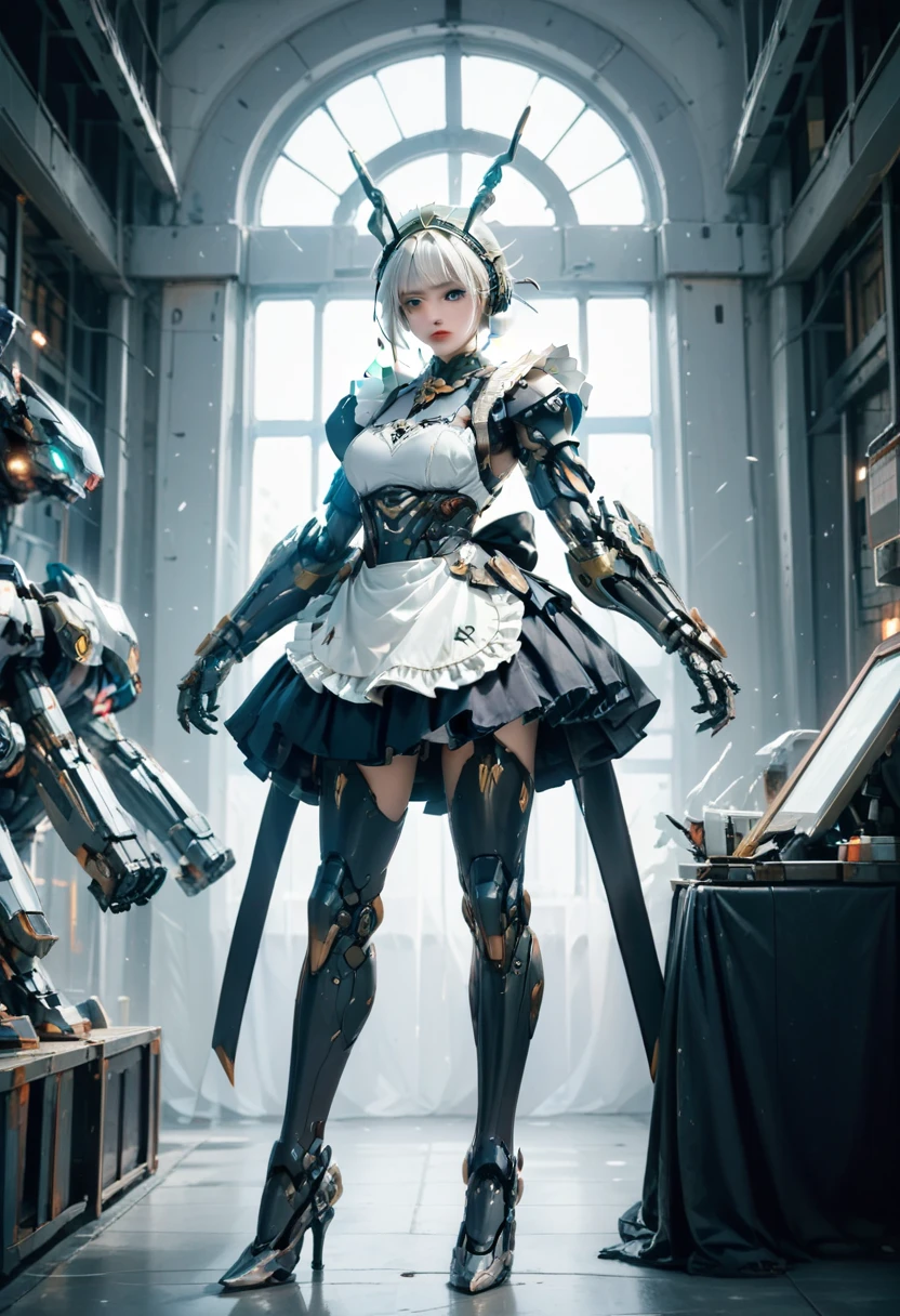 (8k, Realistic, RAW Photos, Highest quality: 1.3), (Fox Girl, Fox Ears, Fox Makeup, One Girl, Long Hair, Alone on the screen, dark skin, High definition, high resolution:1.6), とてもbeautiful, (Realistic Face), (boyish, Silver color very long hair), (maid apron, Black and white clothes, skirt, mecha musume, Robot Joints, Legs-only mechanical suit:1.6), (Body measurements are 75-60-75!, Young girl body, Small breasts, skirt hold, slender, muscle:1.9), A brilliance that captivates the viewer, beautiful expression, beautiful breasts, (Realistic Skin), beautiful..., bent over