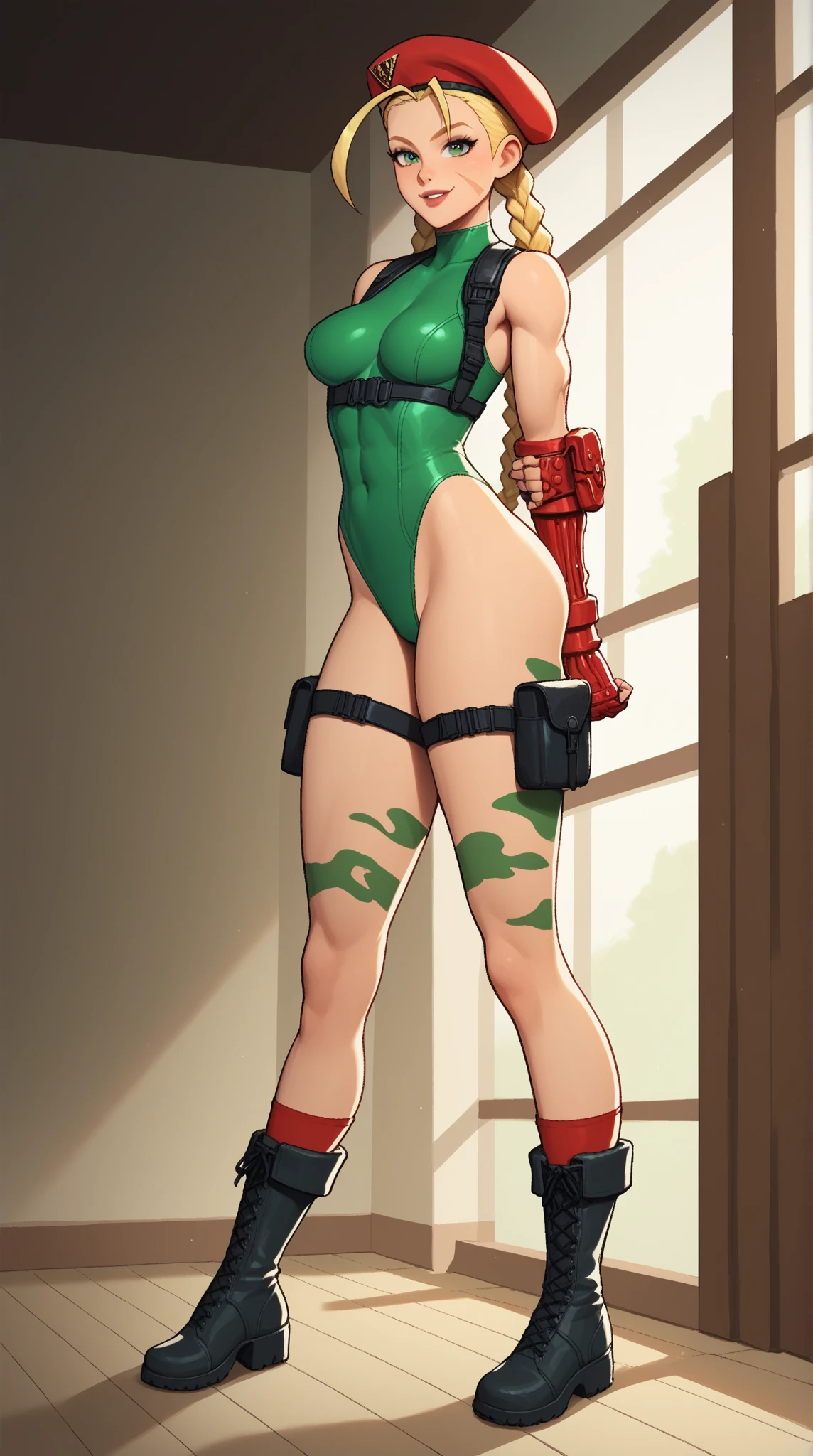 Female full body SQUATTING back to me, ((Plain background 1:2)) (Cammy White Street Fighter white silver short bob haircut) RED full body armored, cleavage, leather collar choker, happy smile red cheeks, red gloves gauntlets, red military boots
