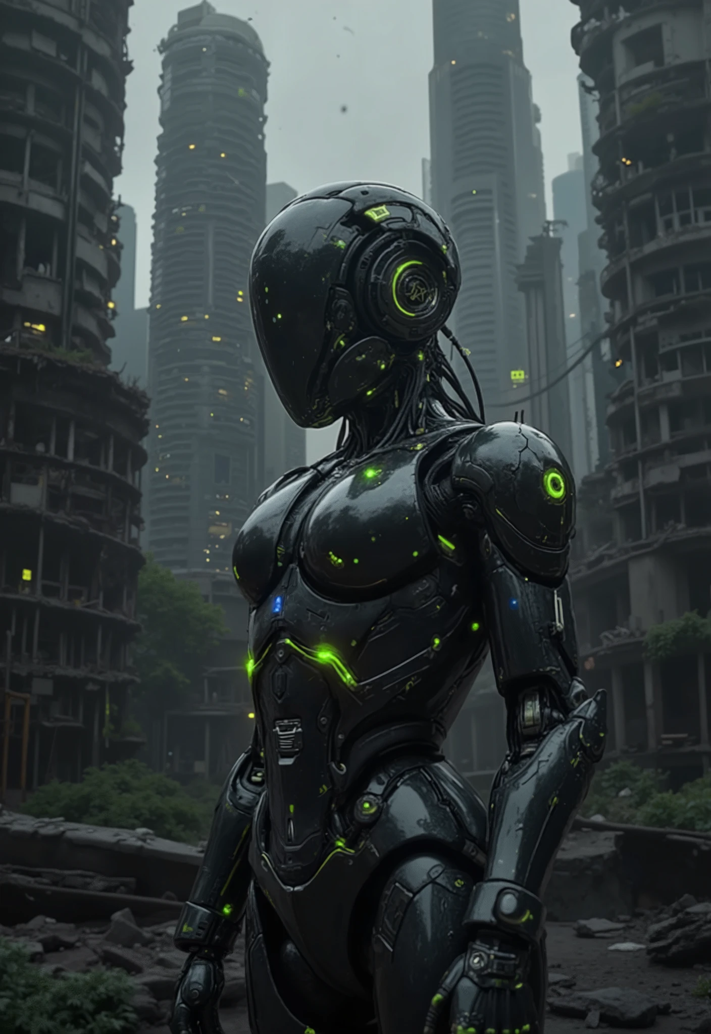 A beautiful female robot with a flawless human face and a futuristic black and silver mechanical body, glowing with green and blue energy lights. She stands amidst the ruins of a dystopian city, where crumbling skyscrapers and overgrown vegetation create a post-apocalyptic feel. Her glowing energy cores and mechanical design contrast sharply with the gritty, decayed surroundings. The cinematic lighting emphasizes her polished robotic body, reflecting subtle hues of green and blue from her glowing lights. The atmosphere is moody, with a blend of dystopian realism and futuristic aesthetics.
FuturEvoLab_Green