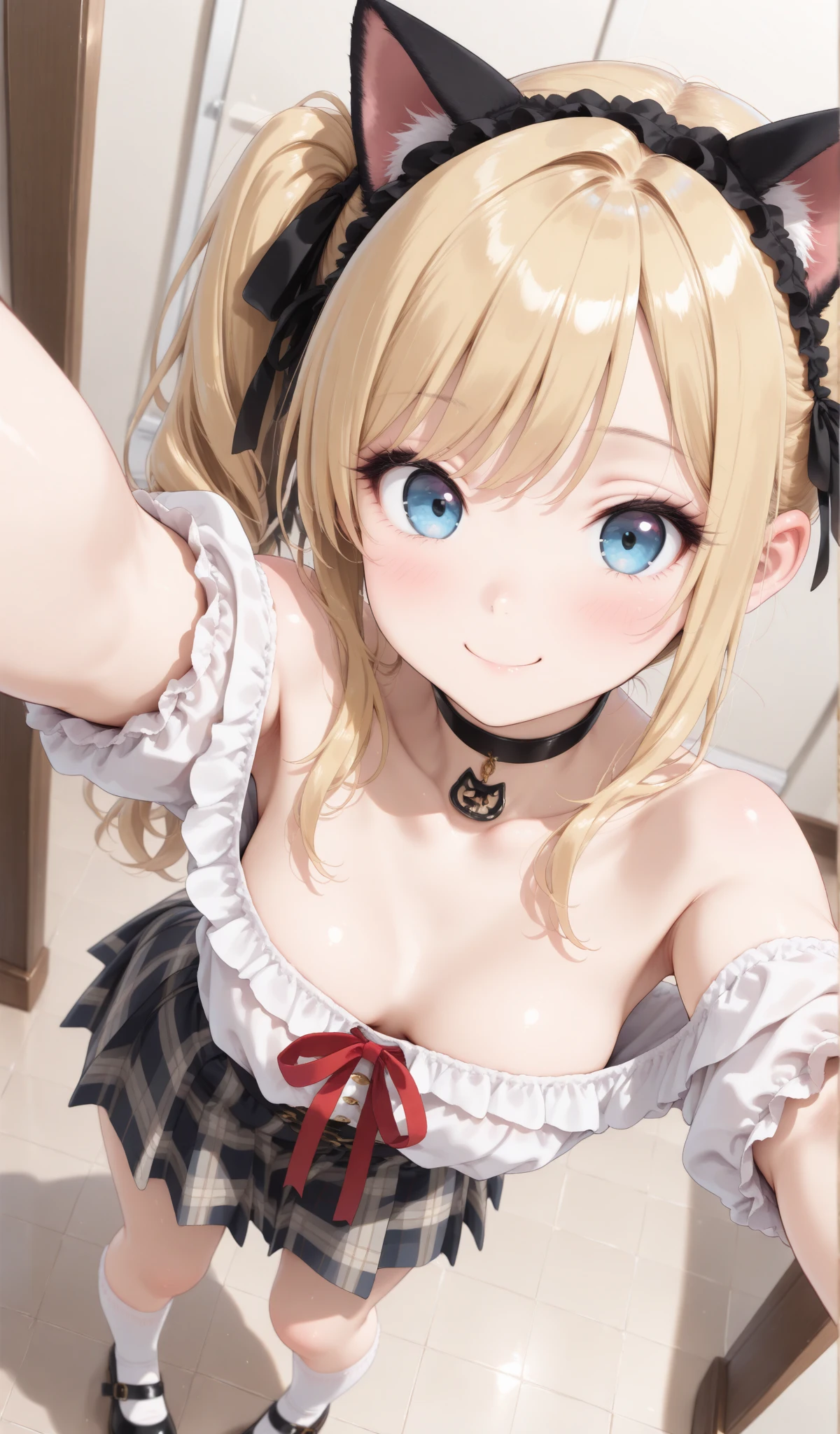 ((masterpiece, best quality)), high resolution,ultra detailed,8k,16k,detailed background, perfect lighting,detailed beautiful eyes, 1girl,solo,embarrassed,blush,show off ,steam,sweat,wet,in heat,(evil smile:1.2),look at viewer,face focus,(from above:1.2), (pov:1.4),(front view:1.2),upper body,provocative eyes,fisheye lens,be breathless,show armpits),
,(small breaster,fair skin,barbara,medium curly twintail,blue eyes,blond hair,short body,short stature:1.2),(association,ter dress)