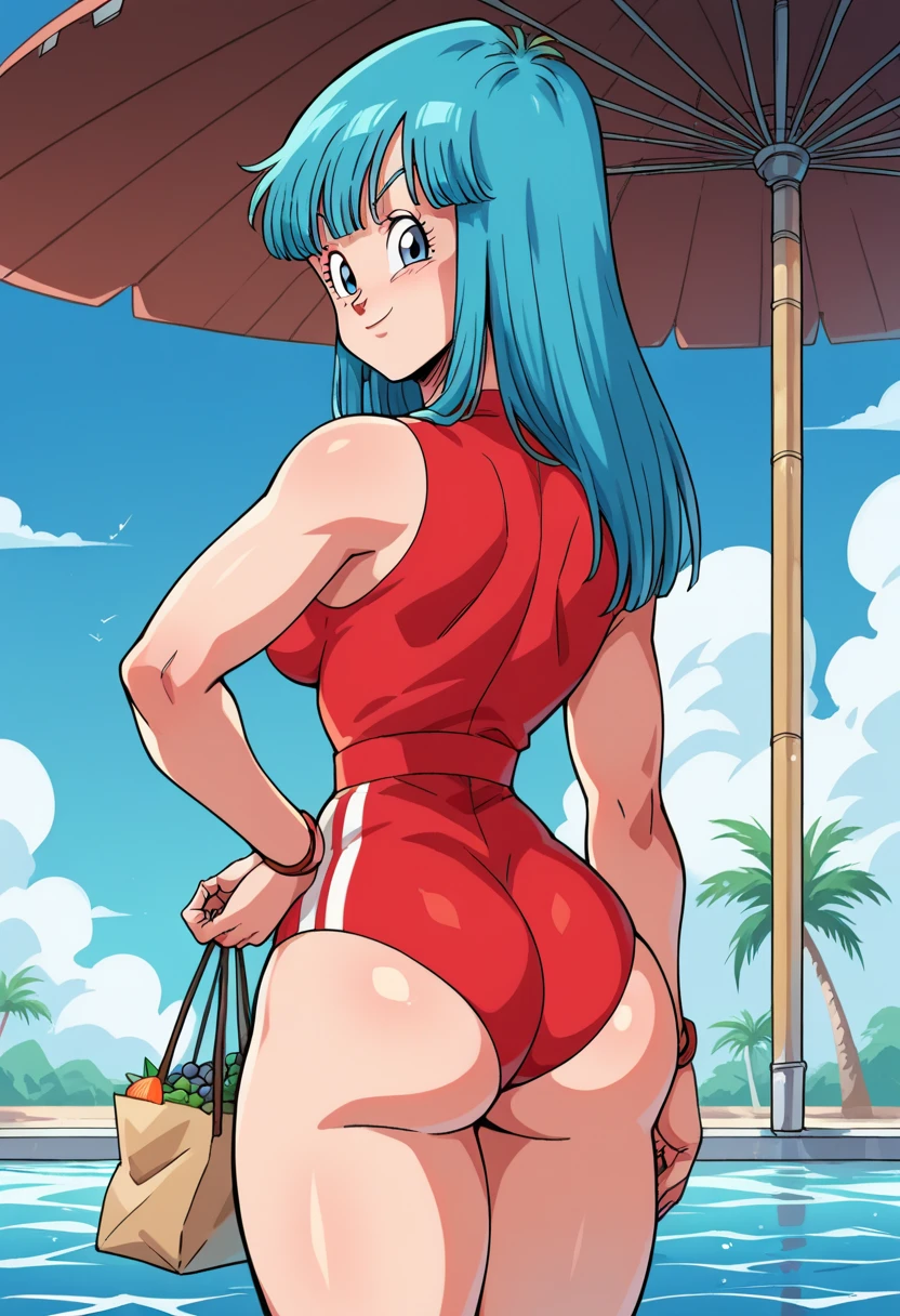 Robin in a sexy tight one piece bikini turned around showing off her ass, bending over a table, ass up, ass view