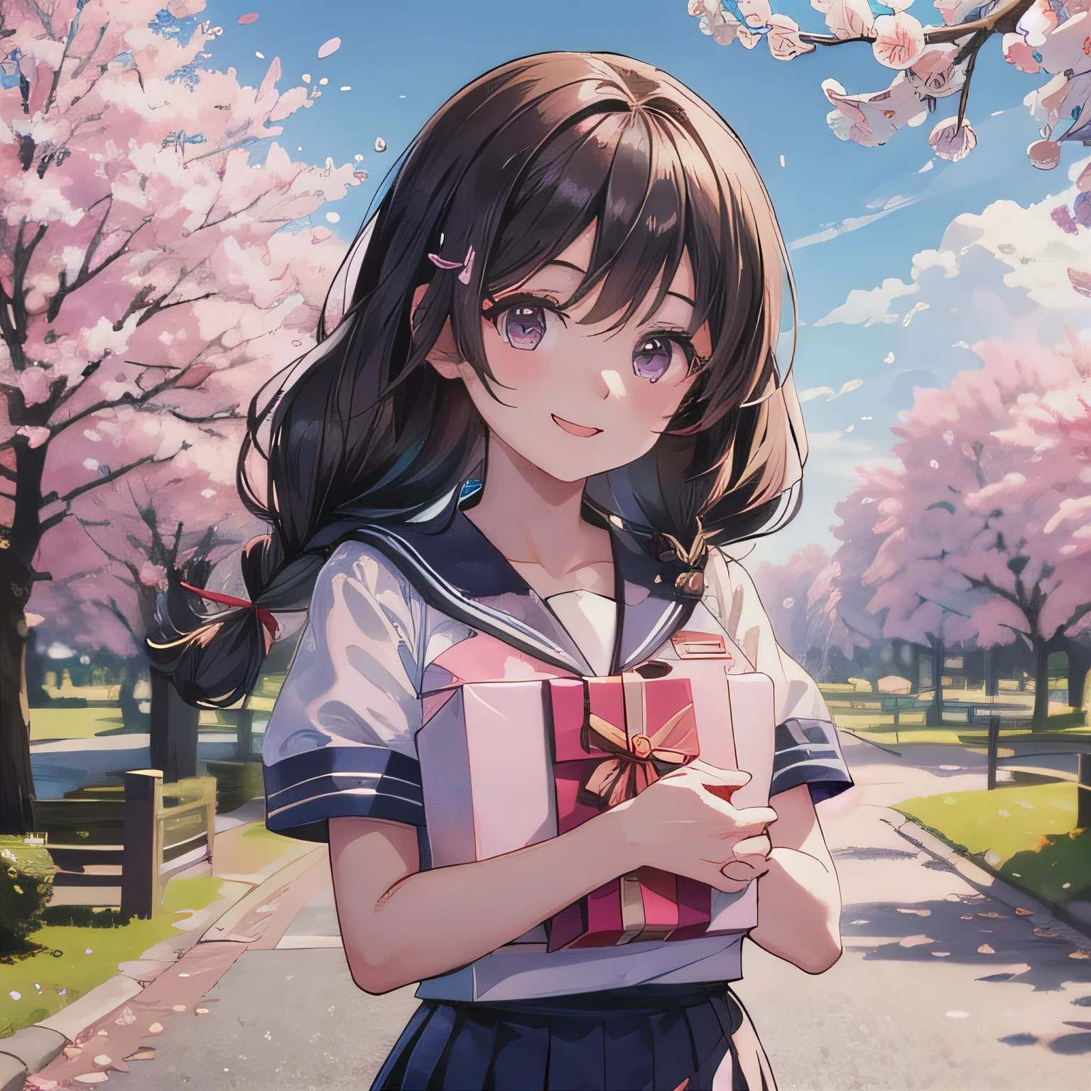 A breathtakingly beautiful 20-year-old woman stands in a lush park filled with cherry blossoms in full bloom beneath a clear blue sky. She wears a classic sailor uniform and gently holds a small, neatly wrapped gift box adorned with a red ribbon. Her radiant smile and joyful expression convey heartfelt happiness. Long hair, dark hair, braids, dark eyes.