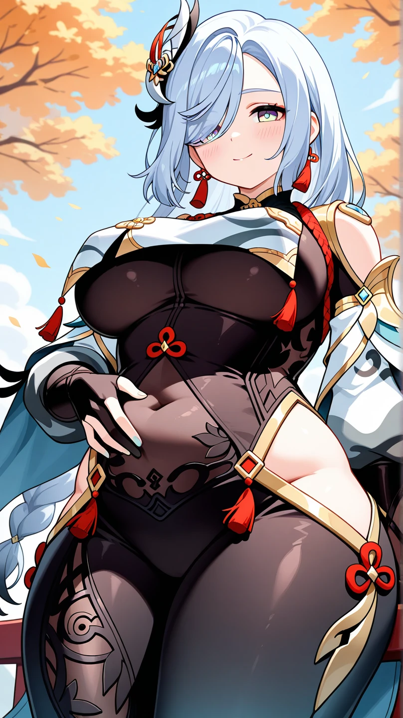 (((Plain background 1:2))) (masterpiece, high quality: 1.1) 1girl full body standing, hairstyle with a braid, white colored hair, yellow eyes, perfect lighting, muscular, thighs, mature woman, mummy, bellybutton, abs, looks at the viewer smile RED CHEEKS, extremely huge breasts, maternal, porcelain skin, extra very long hair, sparkly skin, good face, chest cover, HANDS ON HIPS